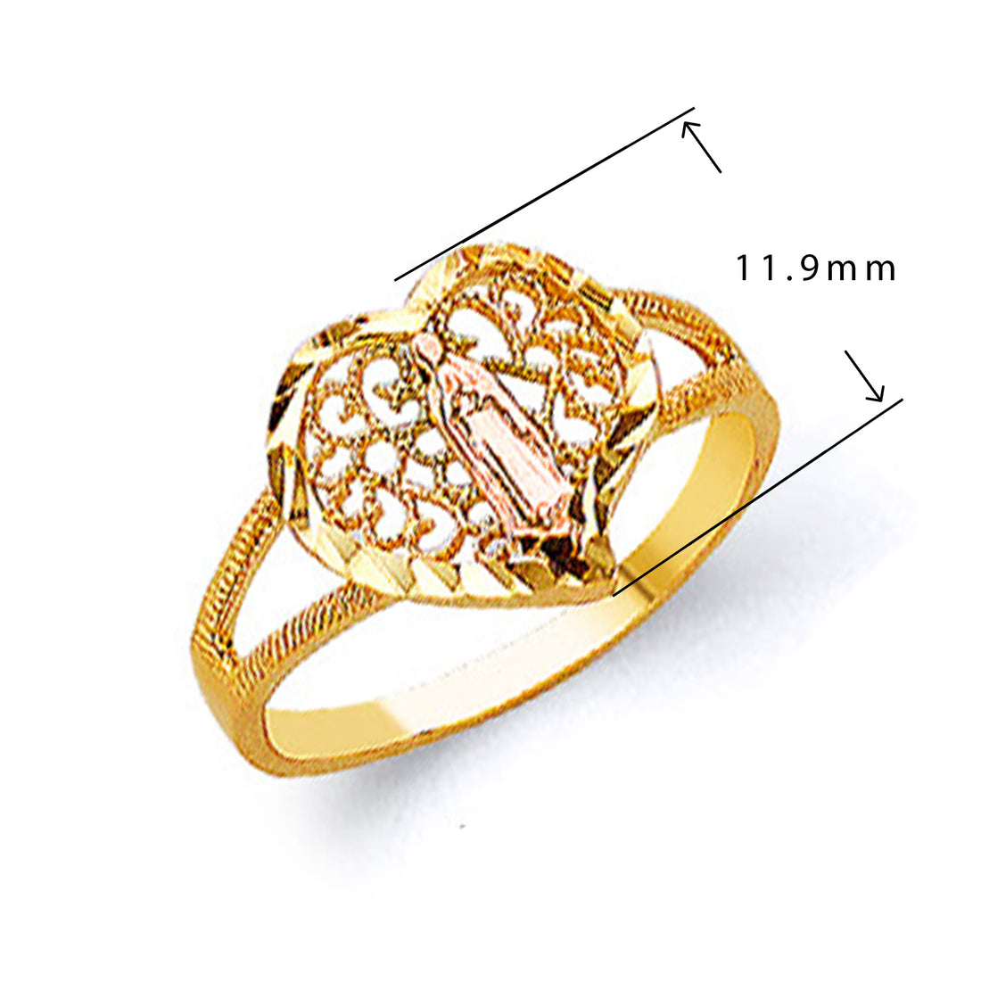 Pristine Netted Heart Religious Ring in Solid Gold with Measurement