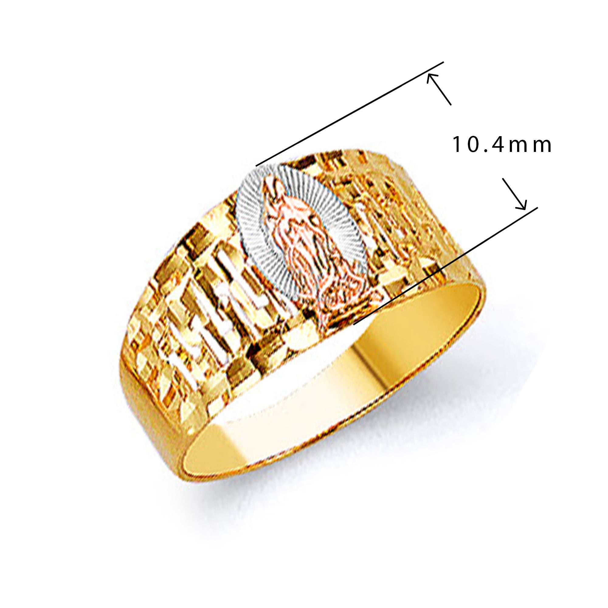 Tricoloured Religious Filigree Ring in Solid Gold with Measurement