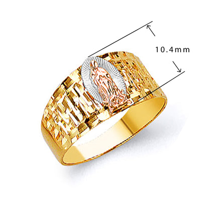 Tricoloured Religious Filigree Ring in Solid Gold with Measurement