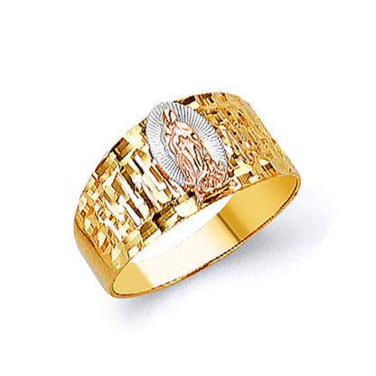 Tricoloured Religious Filigree Ring in Solid Gold 