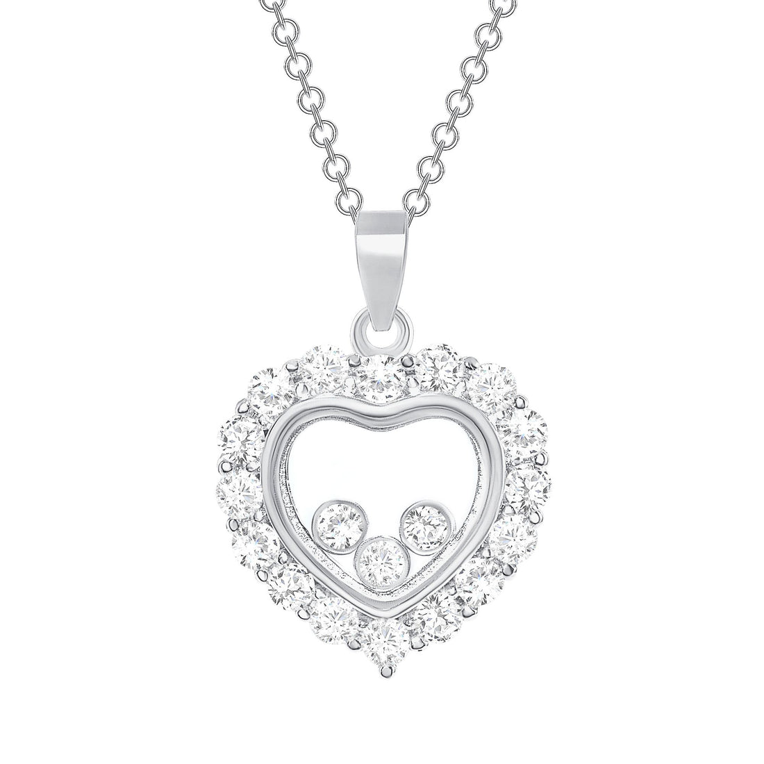 925 Sterling Silver Round Cut CZ Floating Stones Heart Pendant