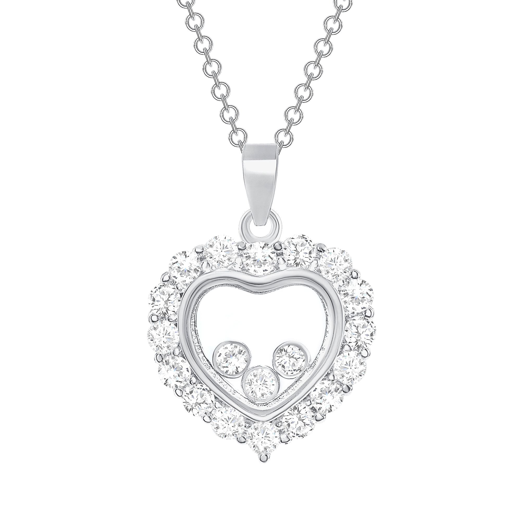 925 Sterling Silver Round Cut CZ Floating Stones Heart Pendant