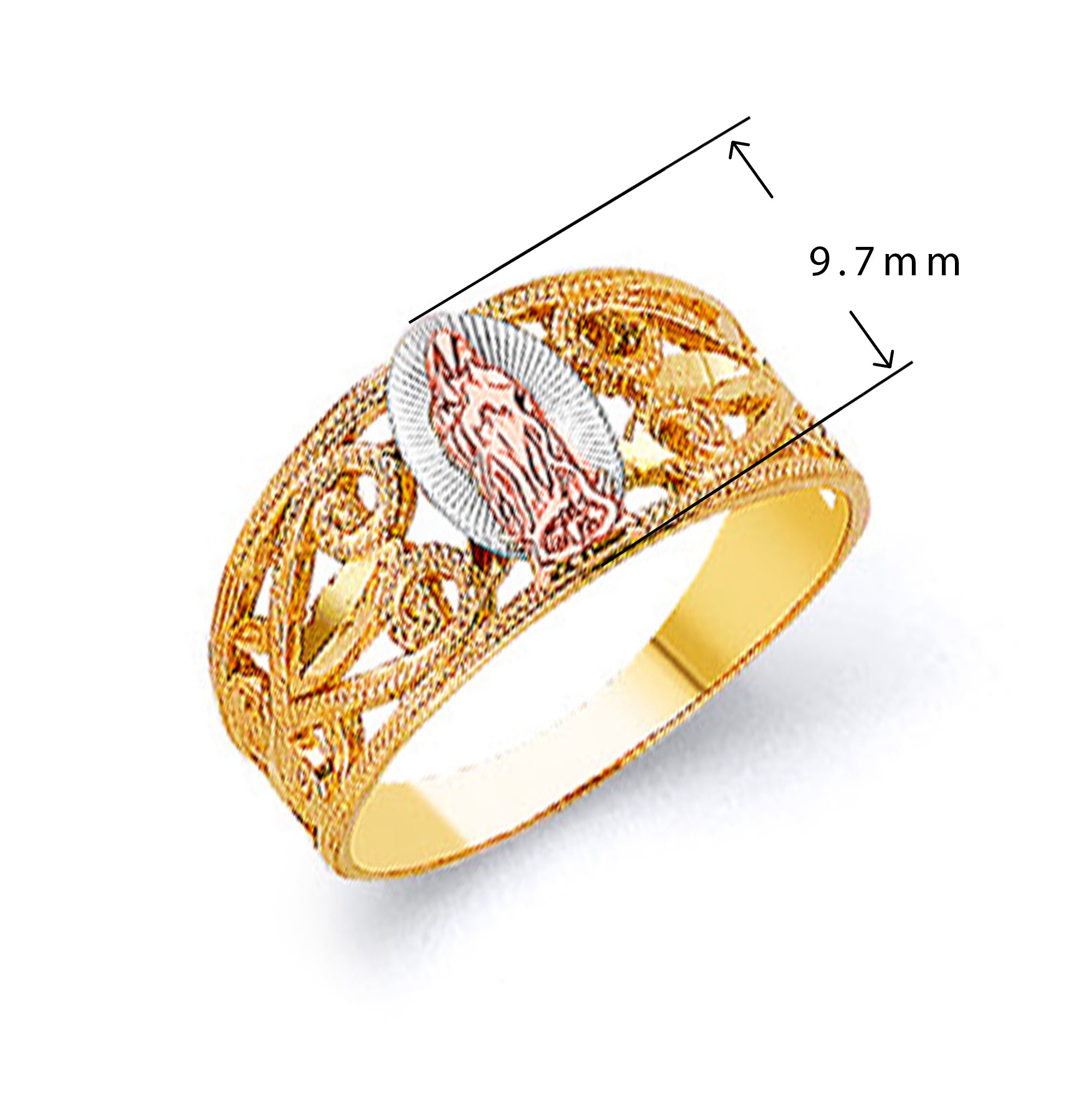 Textured Filigree Religious Ring in Solid Gold with Measurement