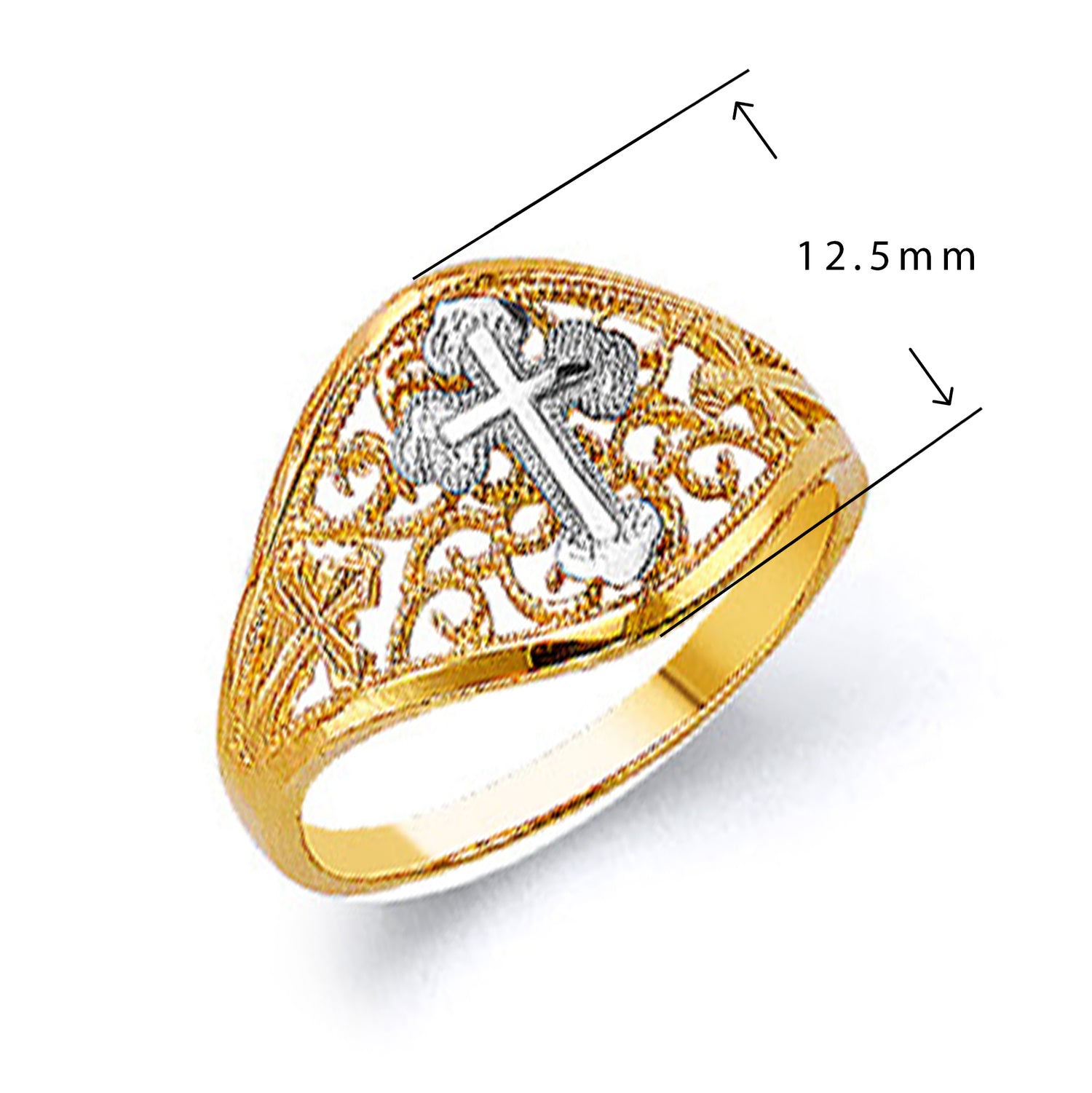 Dual-tone Filigree Cross Ring in Solid Gold with Measurement