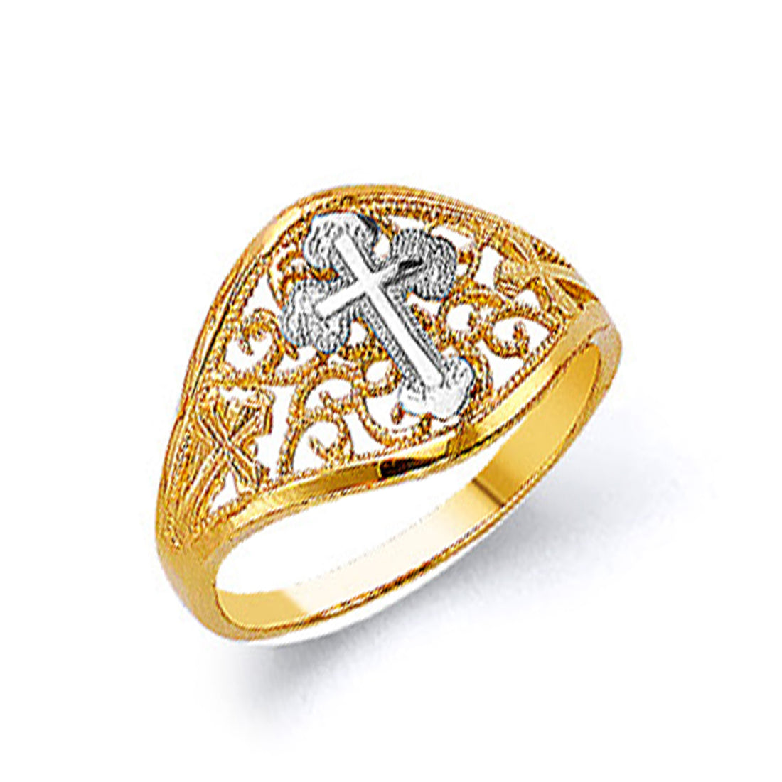 Dual-tone Filigree Cross Ring in Solid Gold 