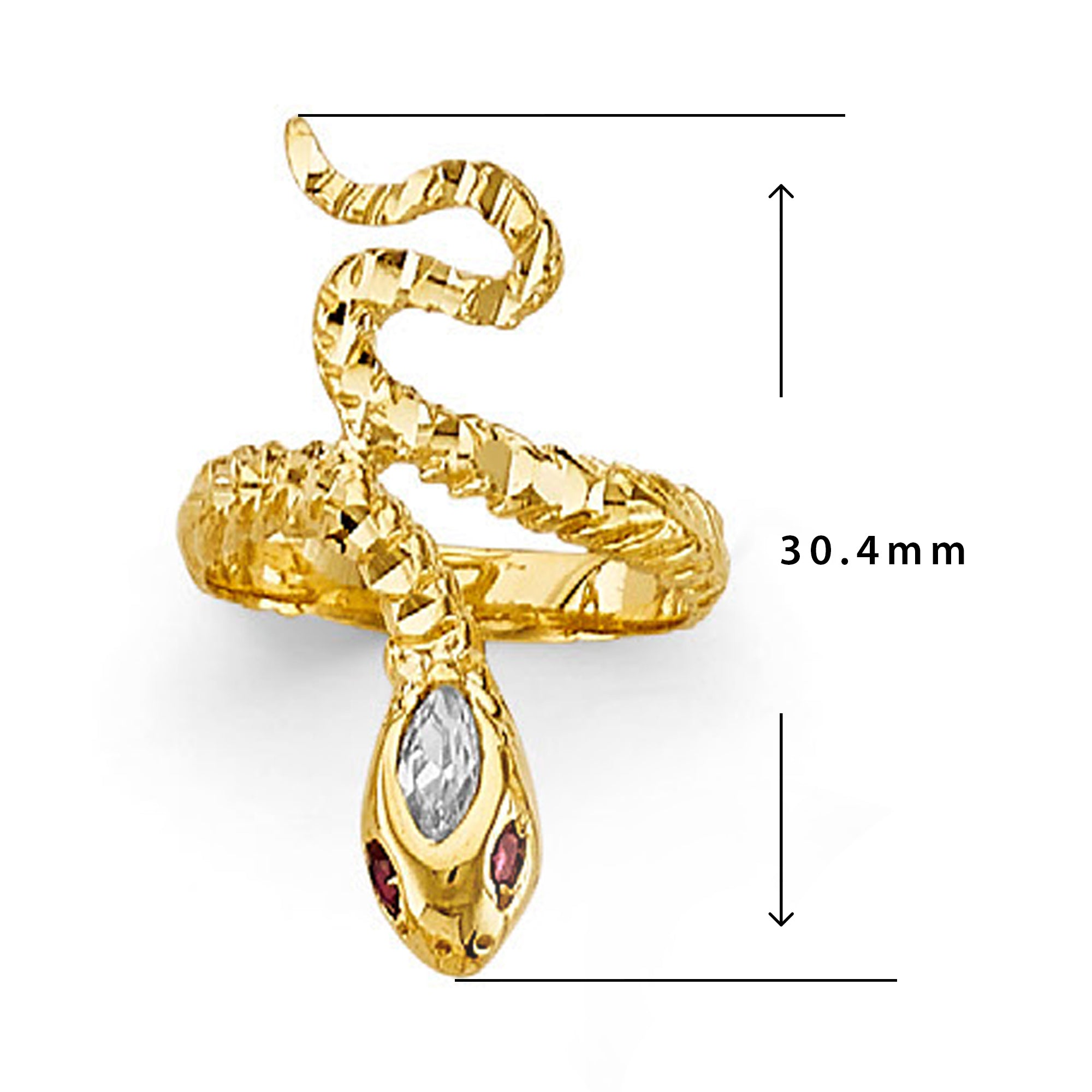 CZ Ruby-gaze Snake Ring in Solid Gold with Measurement