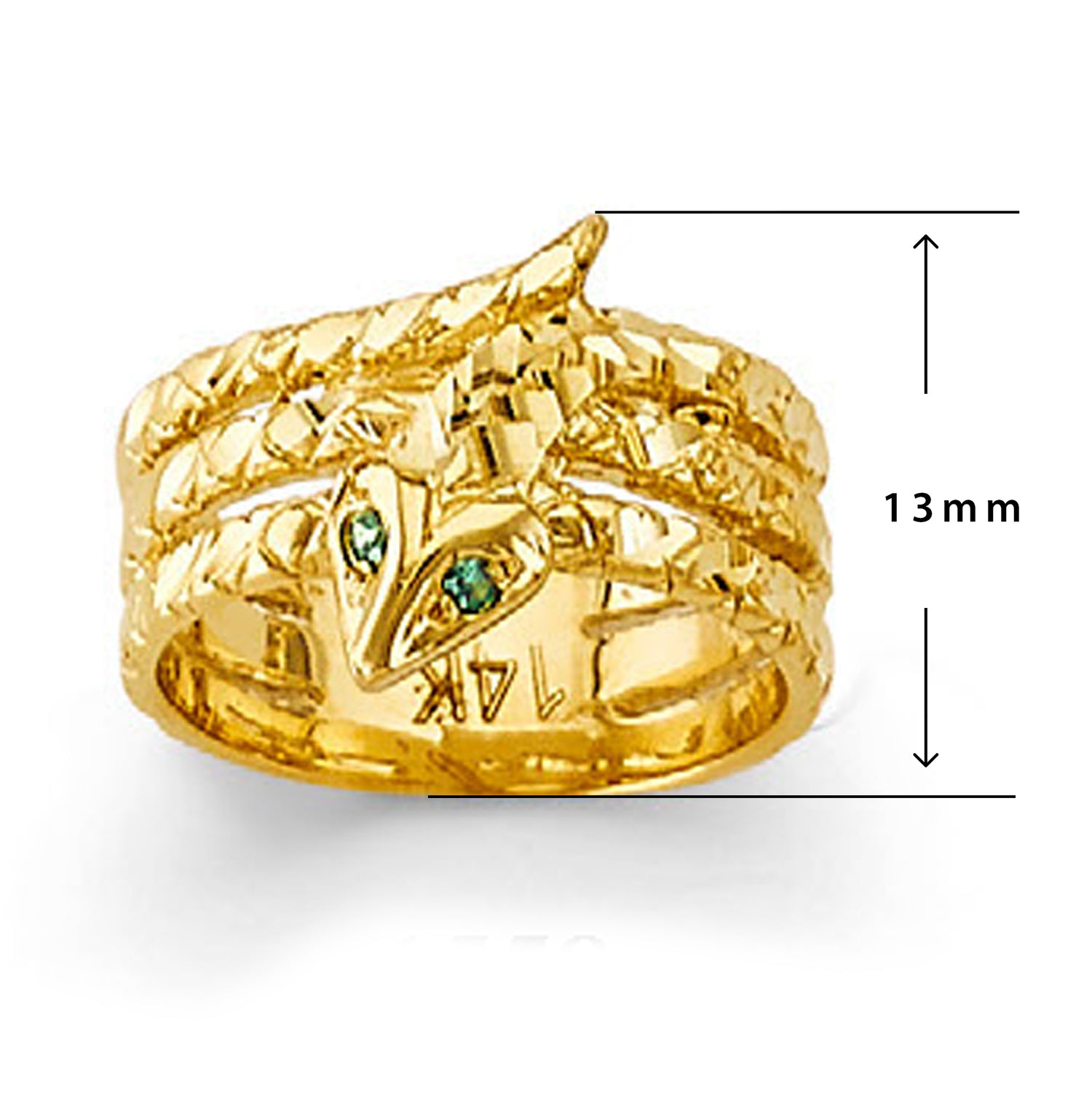 Emerald-eyed Serpent Ring in Solid Gold with Measurement