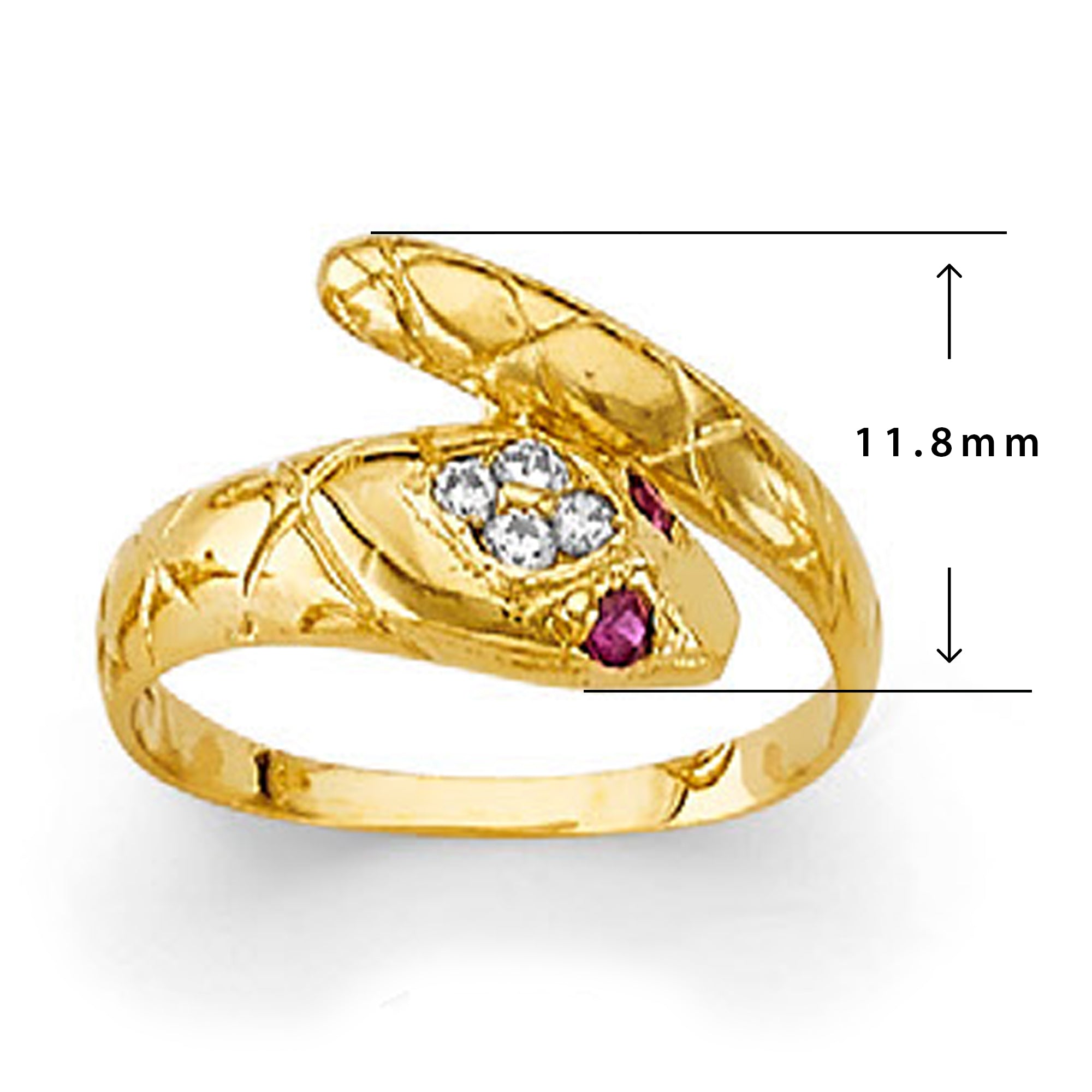 CZ Ruby-eyed Serpent Ring in Solid Gold with Measurement