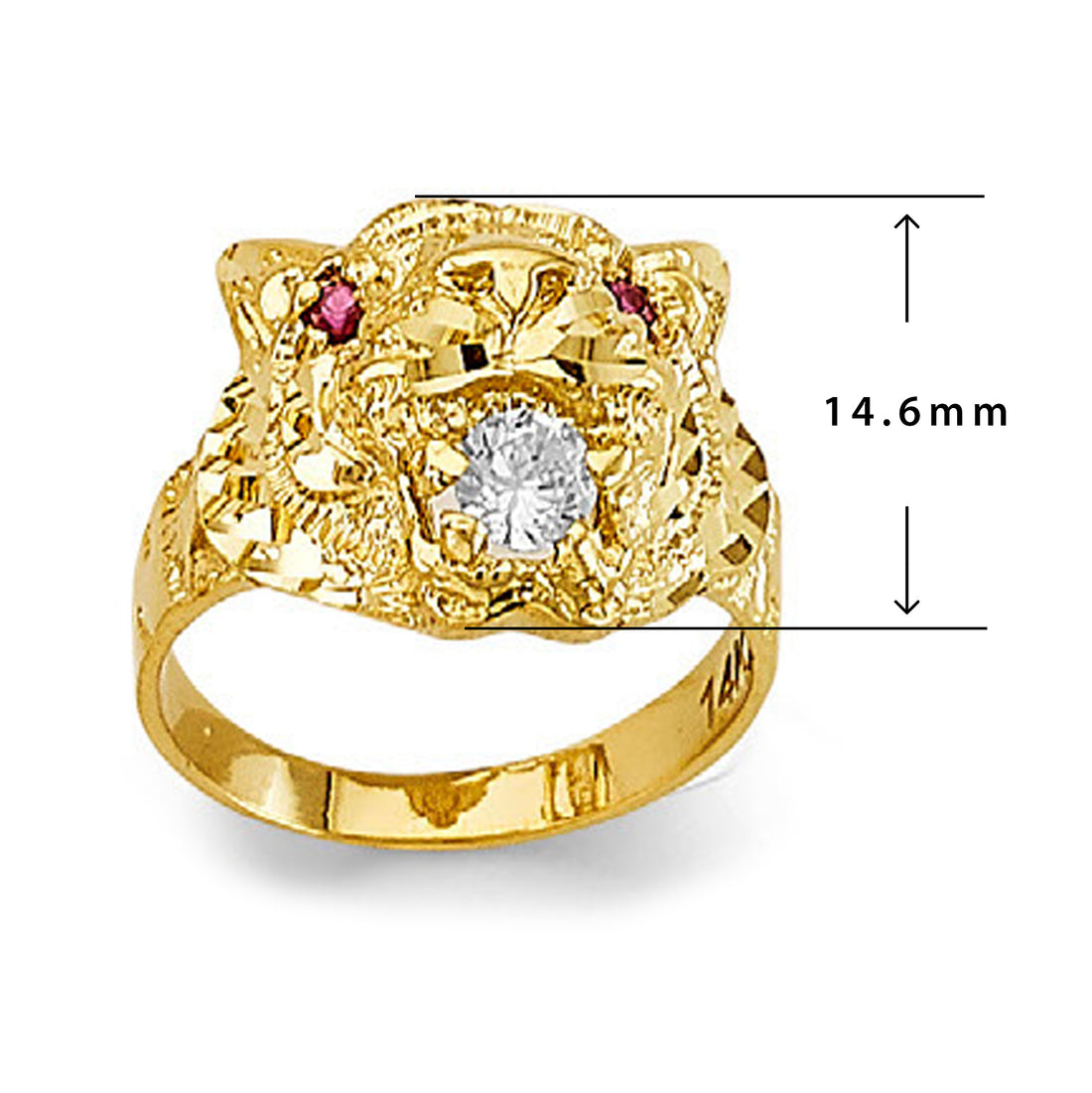 Bold Tiger Head Signet Ruby Ring in Solid Gold with Measurement