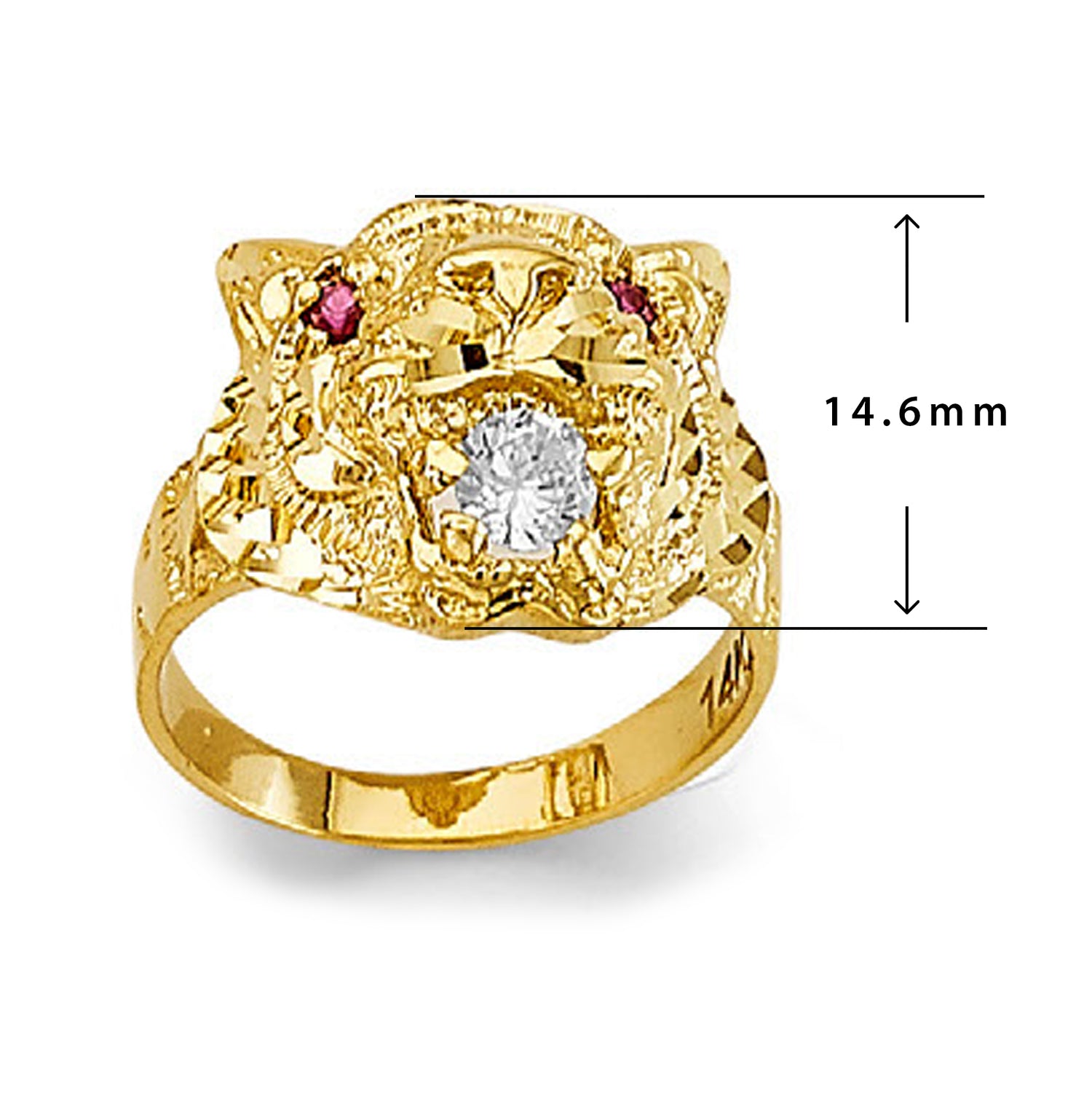 Bold Tiger Head Signet Ruby Ring in Solid Gold with Measurement