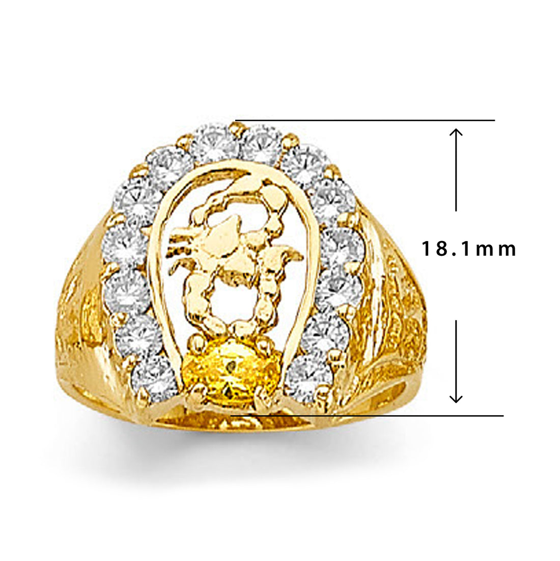 CZ Lustrous Horseshoe Ring in Solid Gold with Measurement