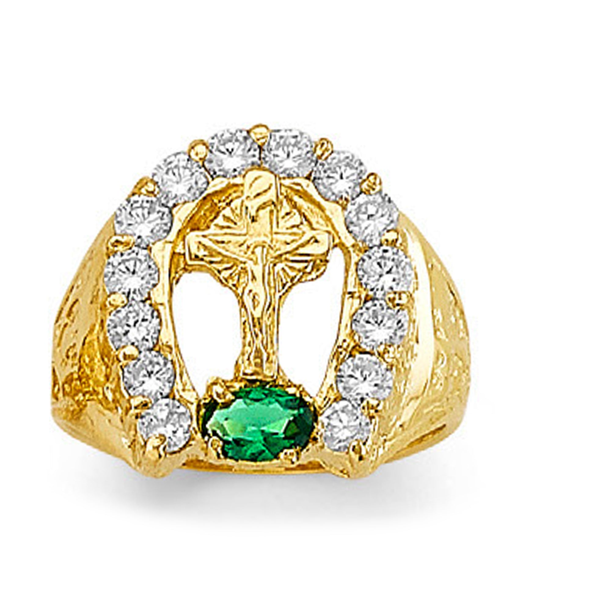 CZ Evergreen Emerald and Religious Ring in Solid Gold 