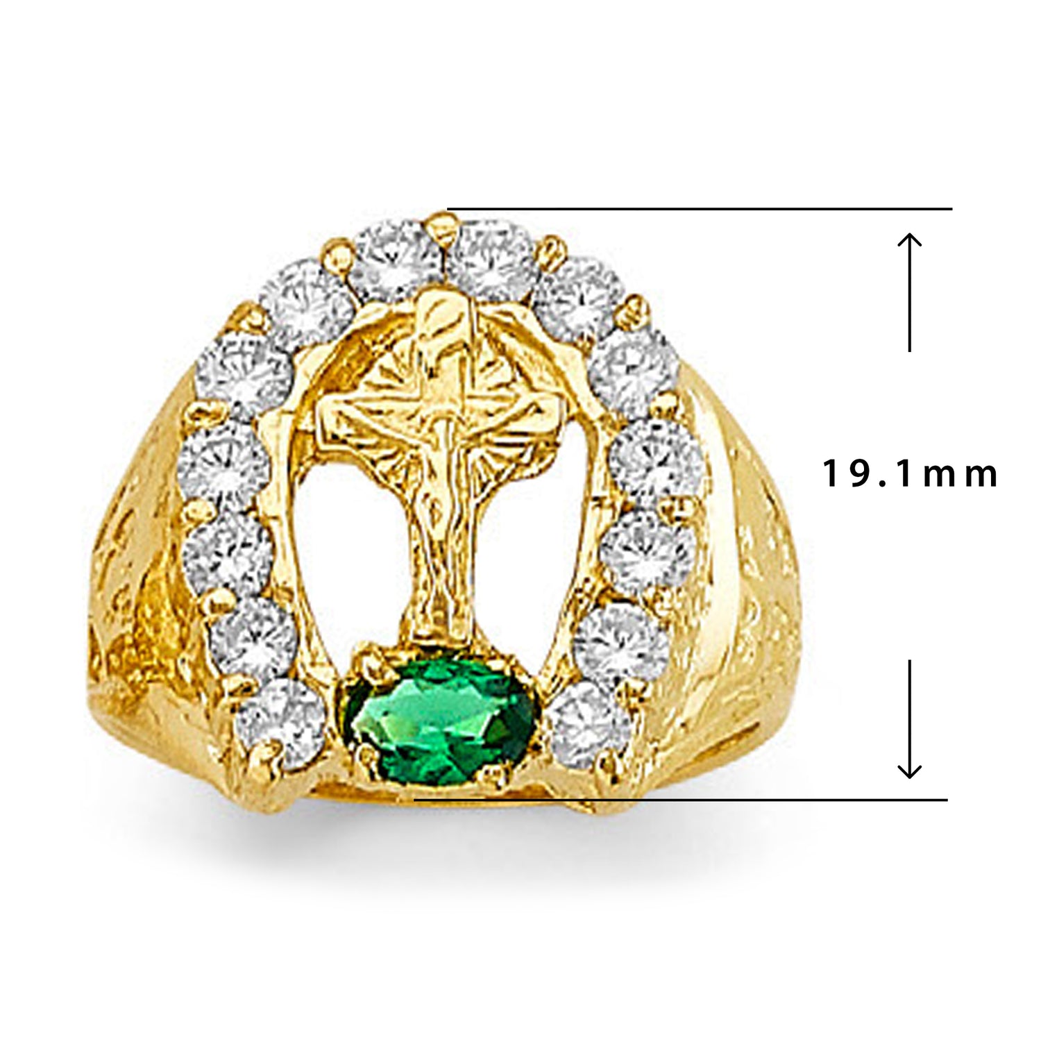 CZ Evergreen Emerald and Religious Ring in Solid Gold with Measurement