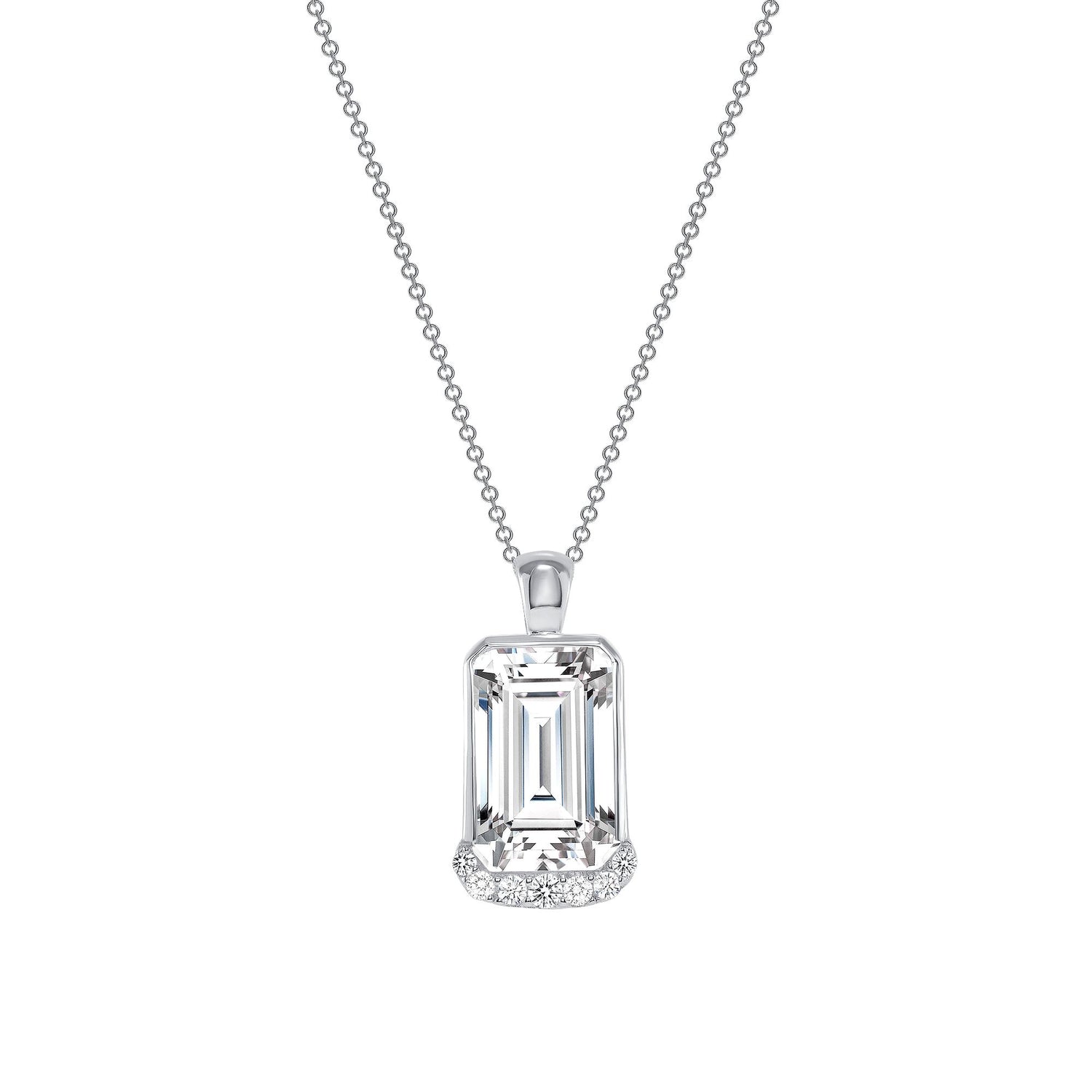 925 Sterling Silver Emerald Cut CZ &amp; CZ Lined Bottom Pendant Necklace