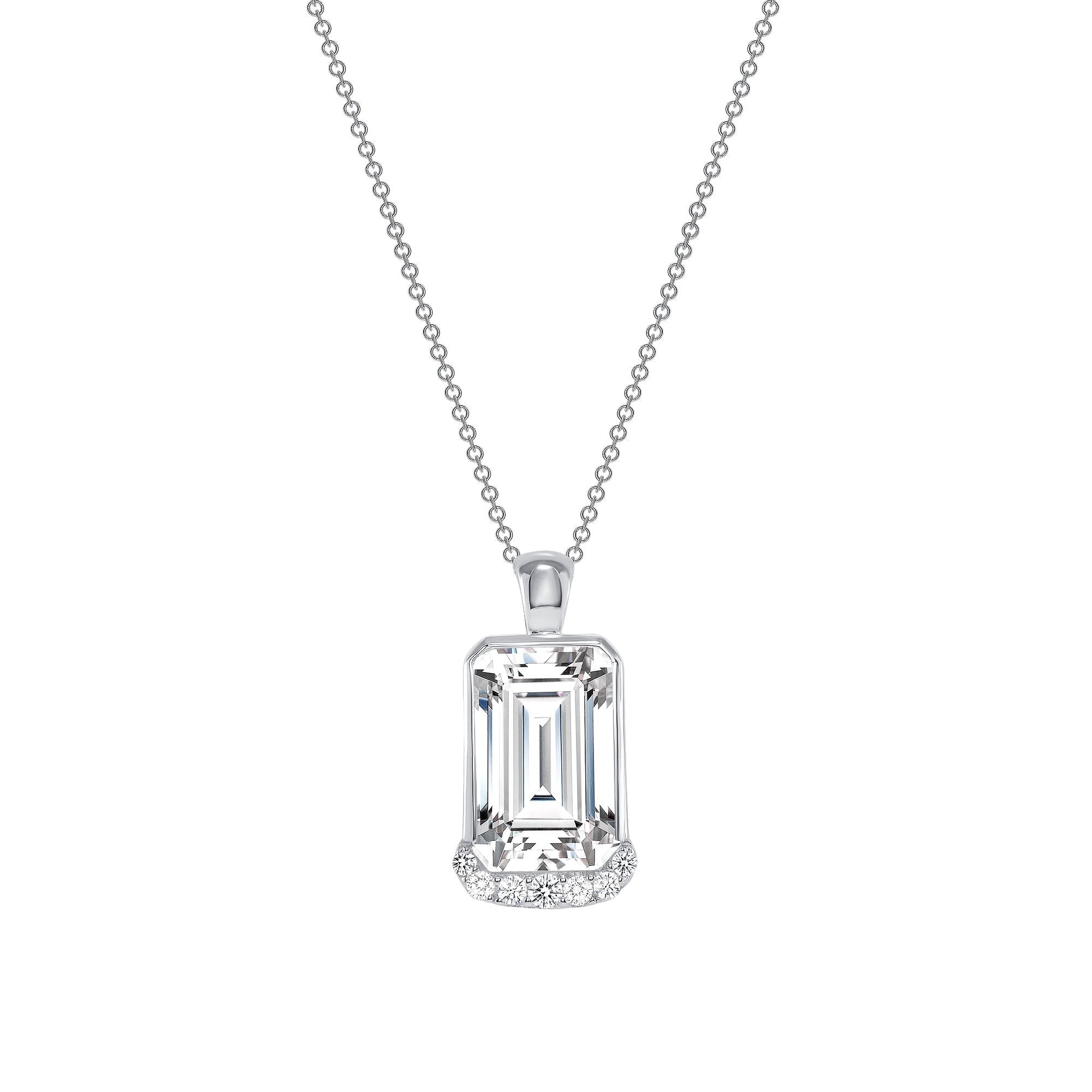 925 Sterling Silver Emerald Cut CZ &amp; CZ Lined Bottom Pendant Necklace