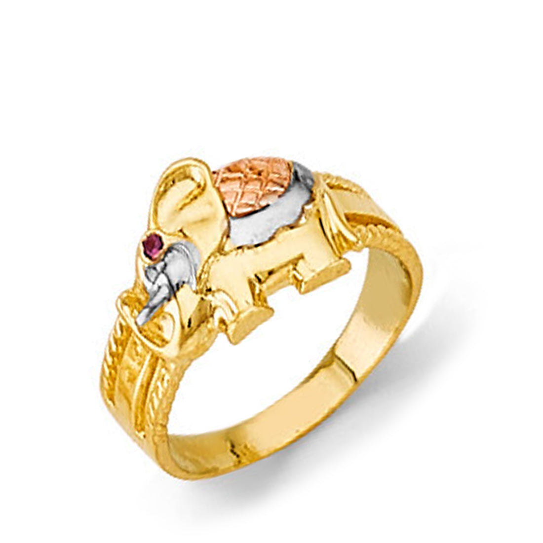 CZ Ruby-eyed Elephant Good Luck Ring in Solid Gold 