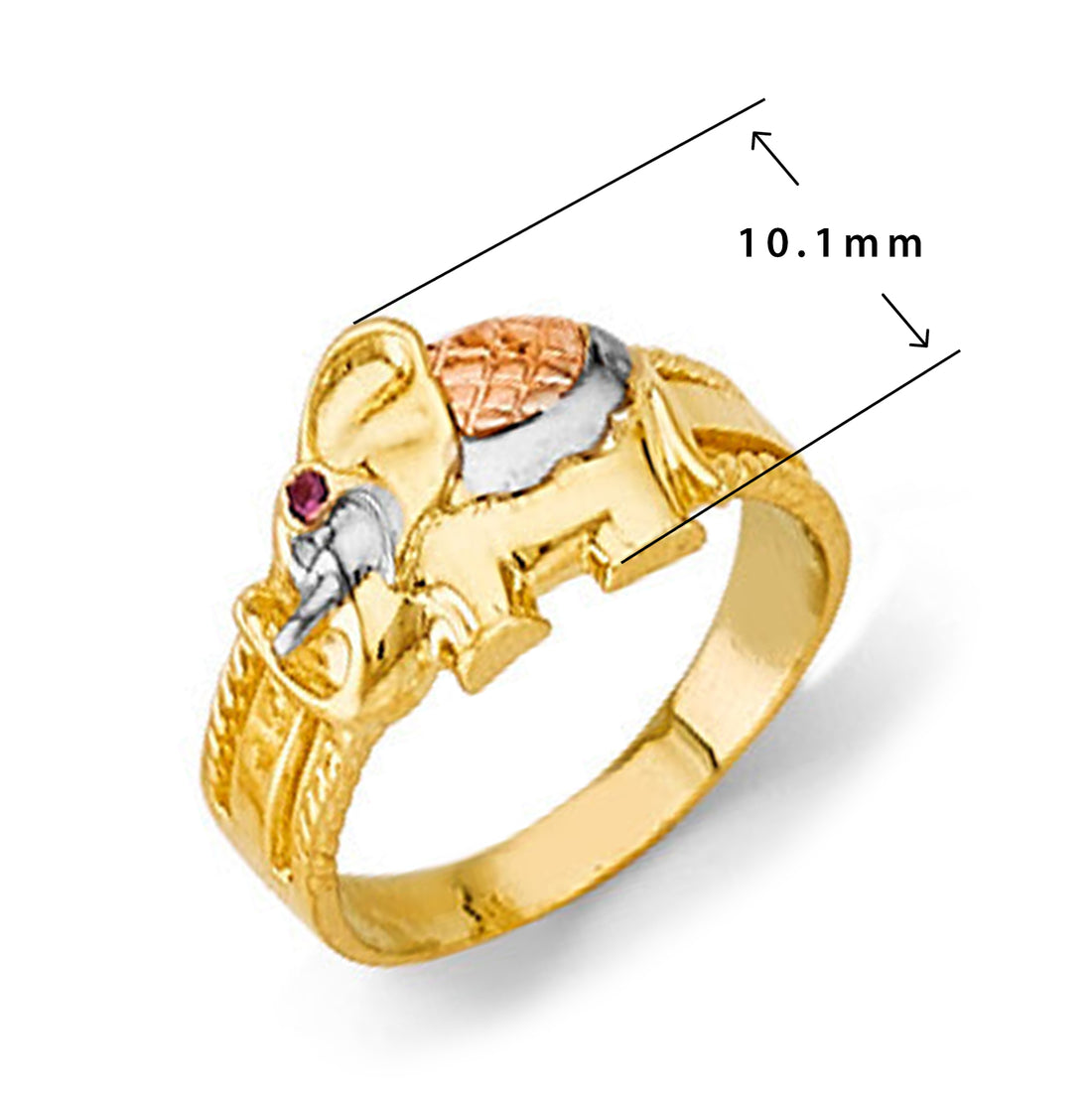 CZ Ruby-eyed Elephant Good Luck Ring in Solid Gold with Measurement