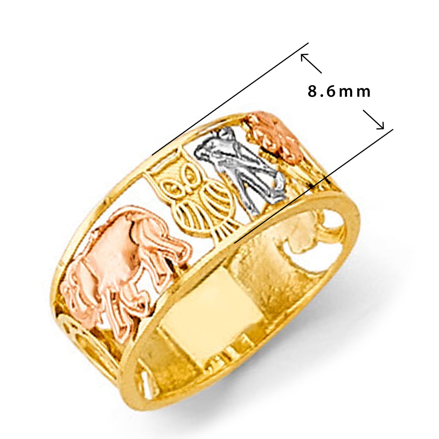 Fancy Tri-tone Elephant Motif Ring in Solid Gold with Measurement