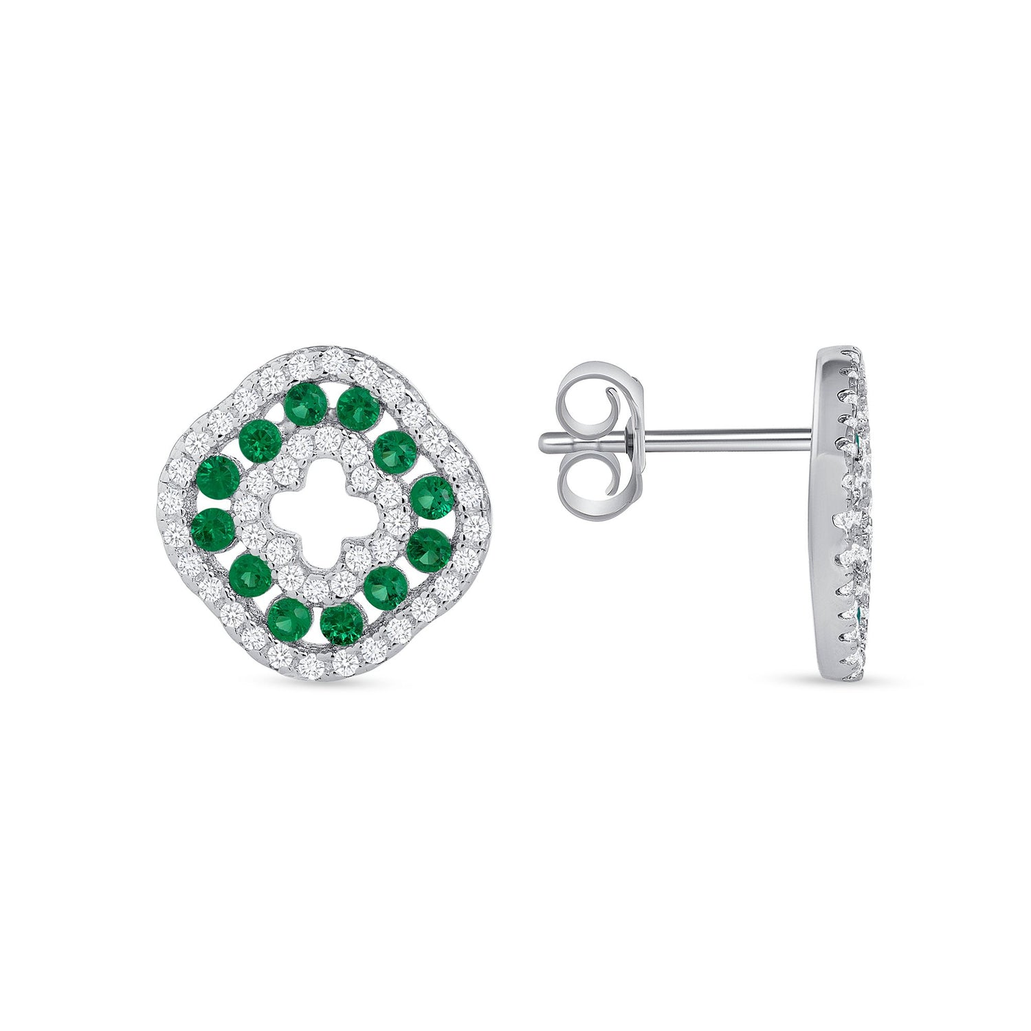 925 Sterling Silver Round Cut Green &amp; White CZ Alternating Rows Square Clover Pendant &amp; Stud Earrings Jewelry Set