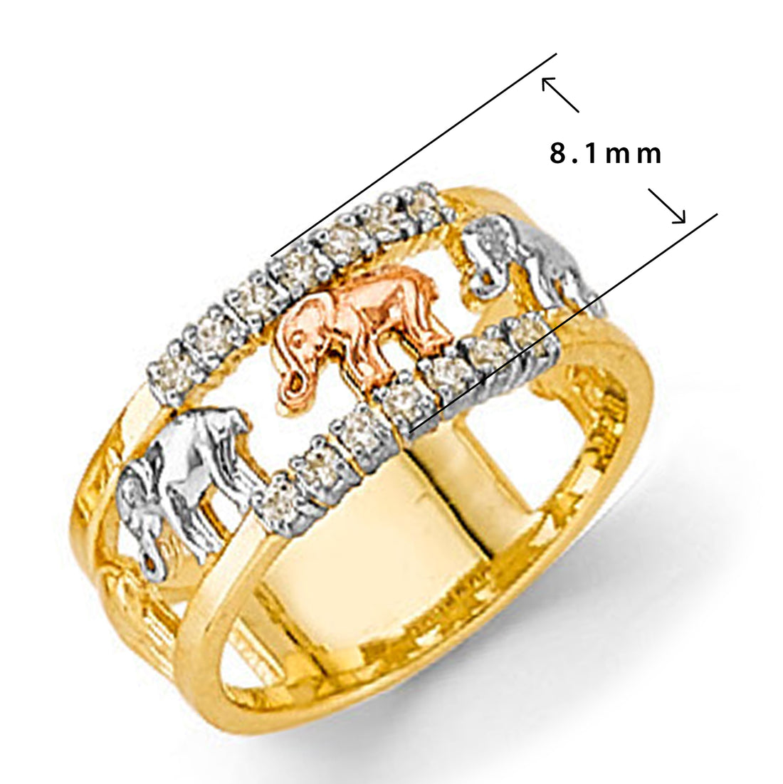 CZ Tri-tone Gorgeous Good Luck Ring in Solid Gold with Measurement