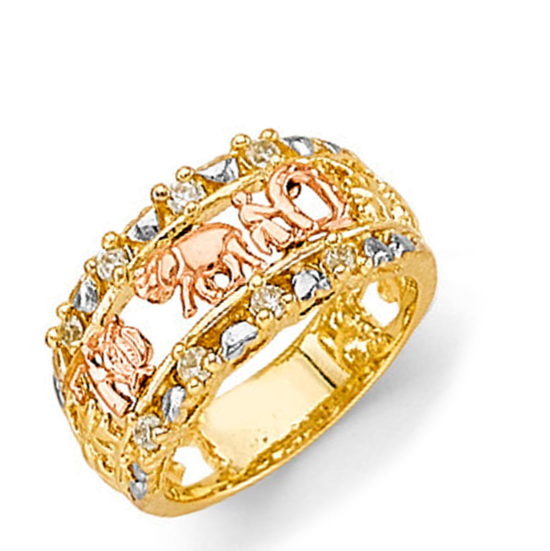 CZ Tri-tone Good Luck Ring in Solid Gold 