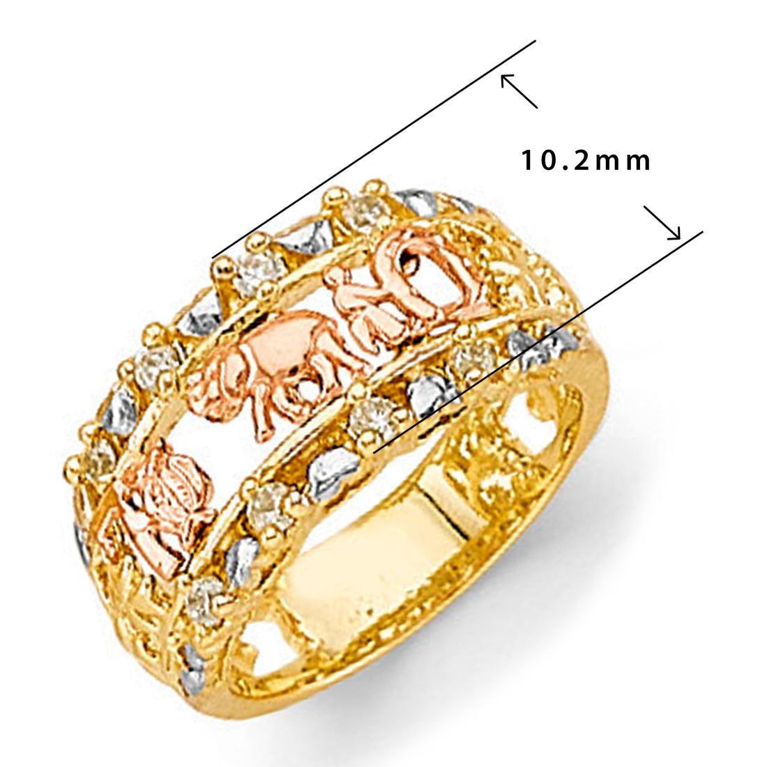 CZ Tri-tone Good Luck Ring in Solid Gold with Measurement