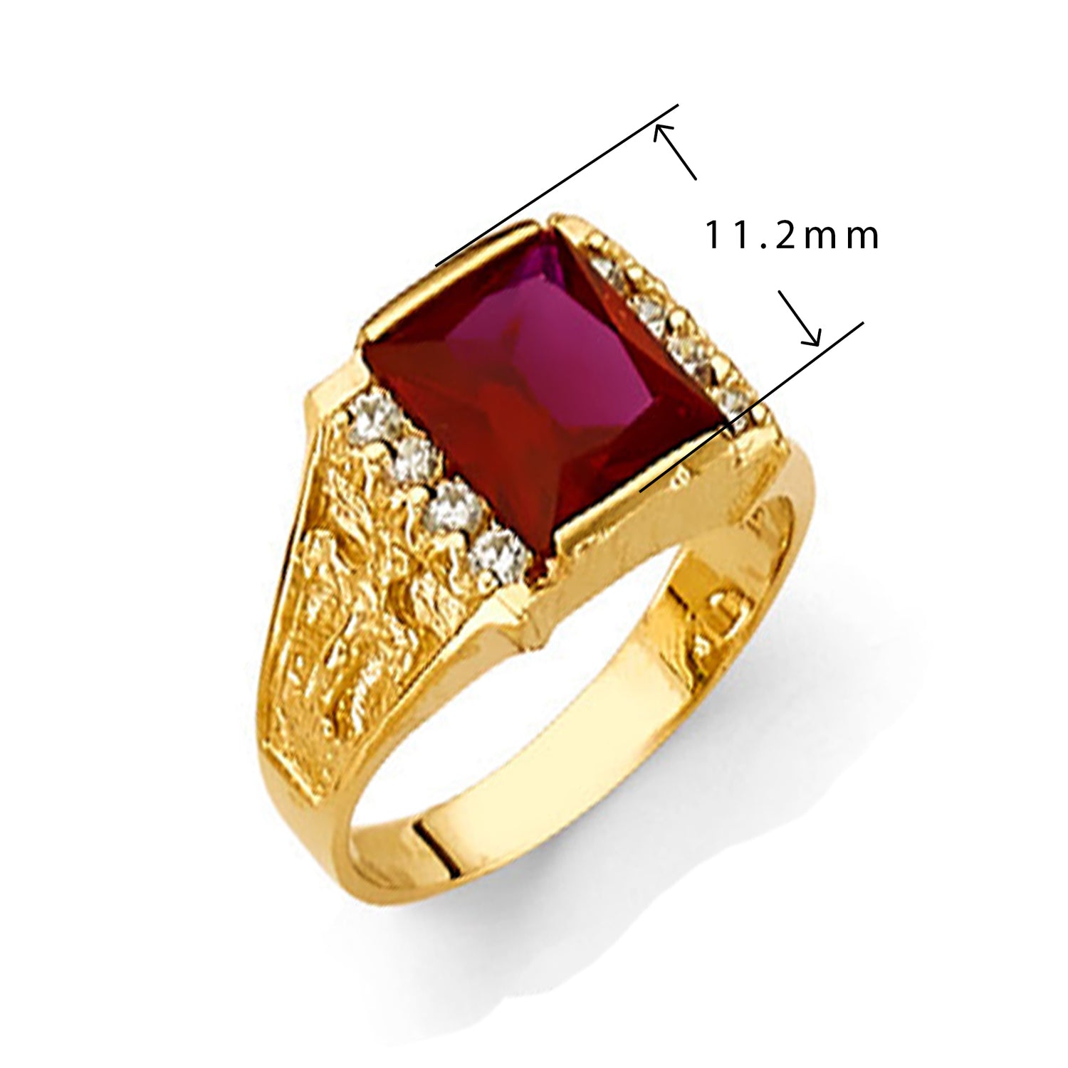 CZ Diva-styled Rectangular Garnet Ring in Solid Gold with Measurement