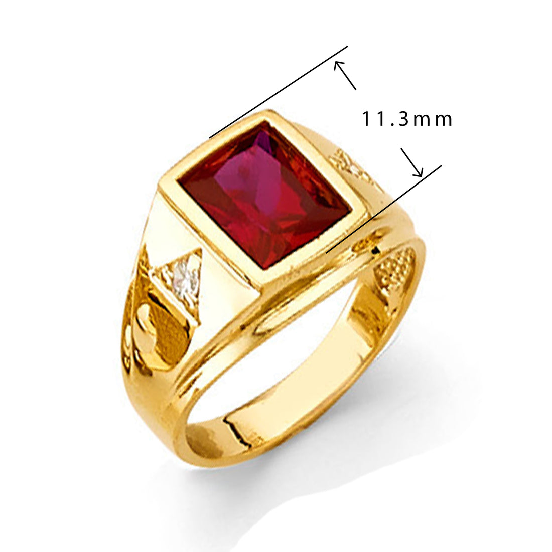 CZ Triangular Shank Ruby Ring in Solid Gold with Measurement