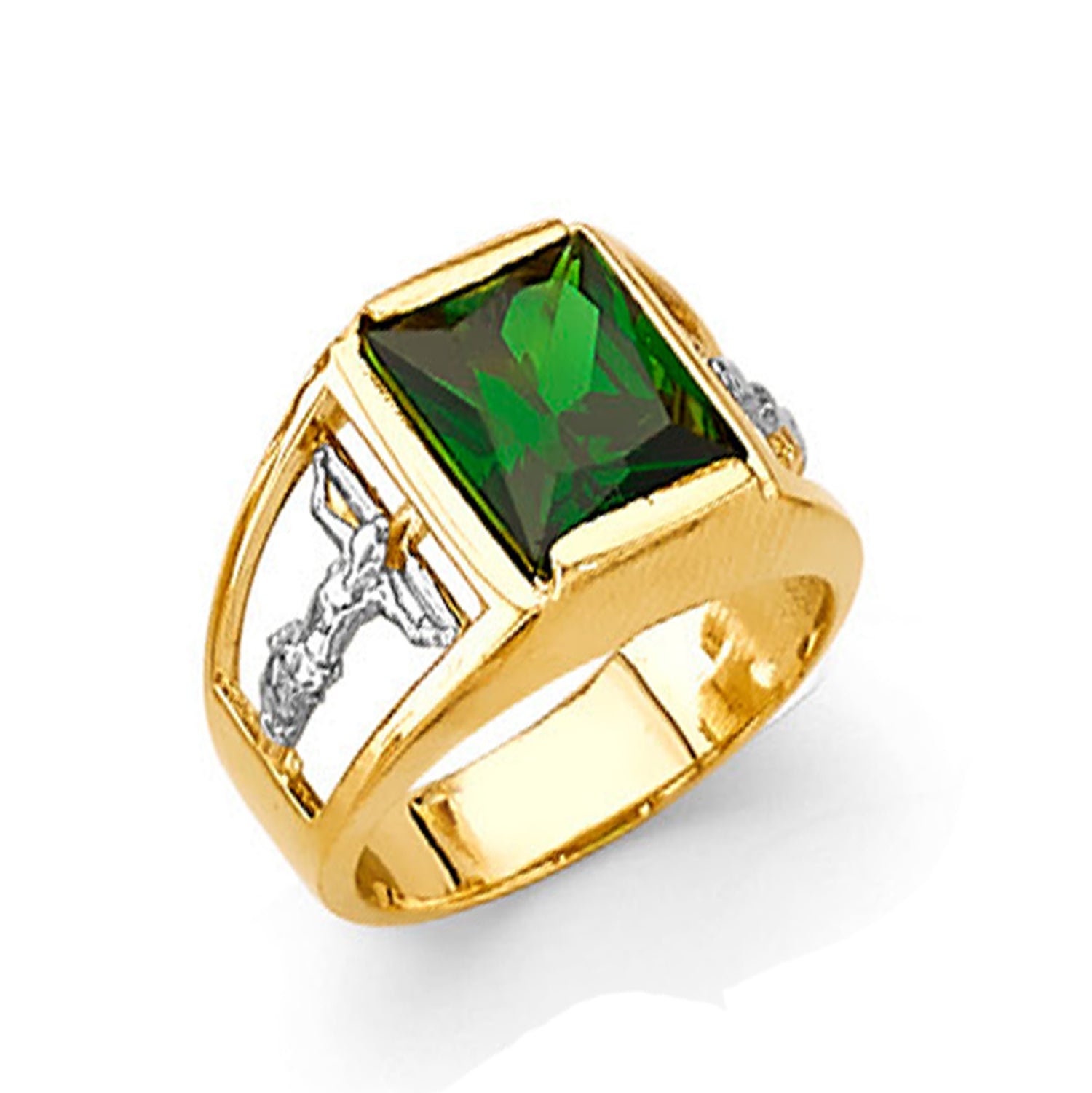 Religious Design Shank Emerald-cut Ring in Solid Gold 