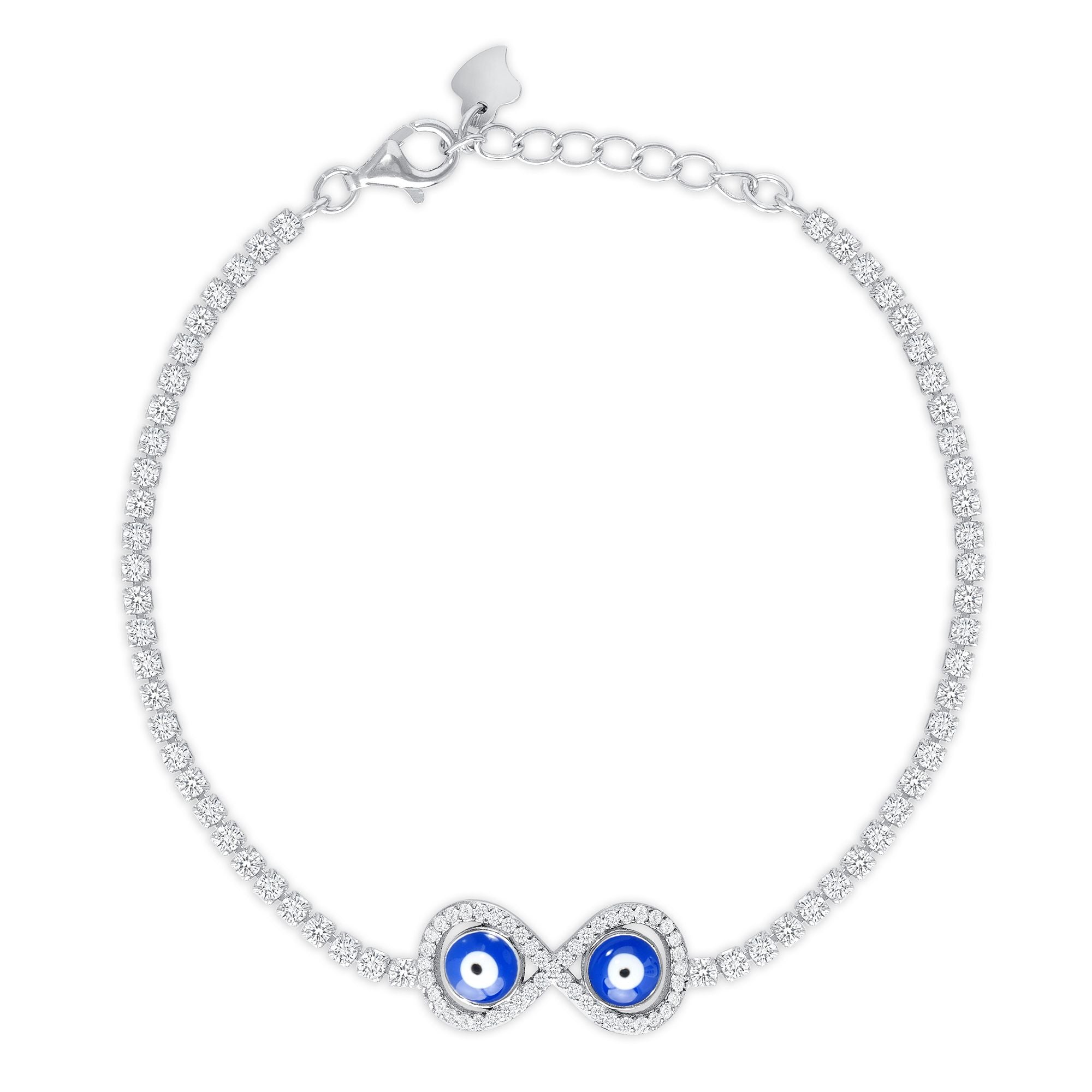 925 Sterling Silver Pavé Infinity Evil Eye &amp; Round CZ Tennis Bracelet