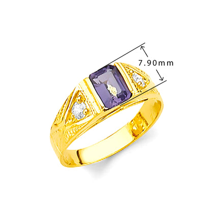 CZ Rectangular Amethyst Geometric Ring in Solid Gold with Measurement