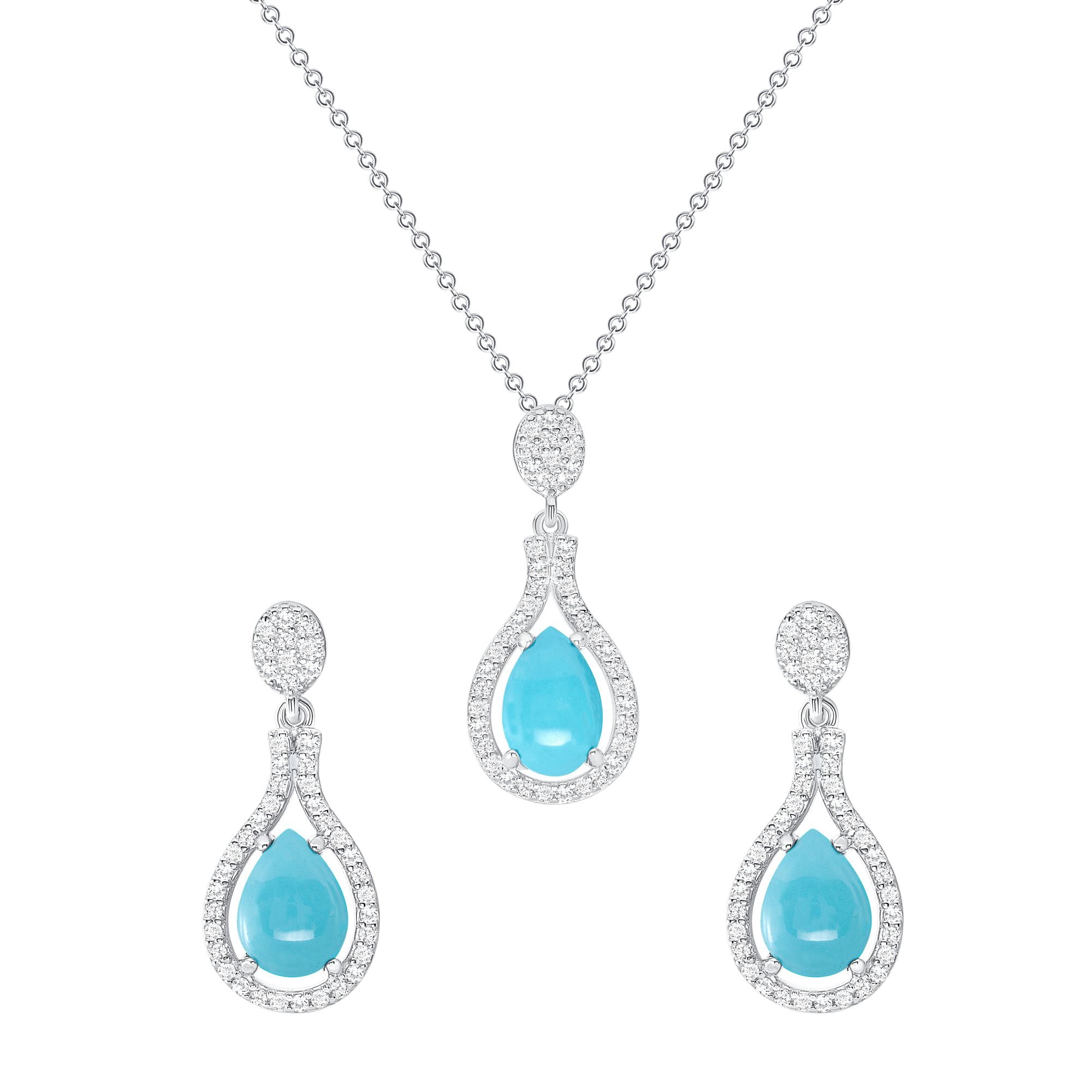 925 Sterling Silver Pear Cut Turquoise with Pavé Halo Teardrop Pendant &amp; Earrings Jewelry Set