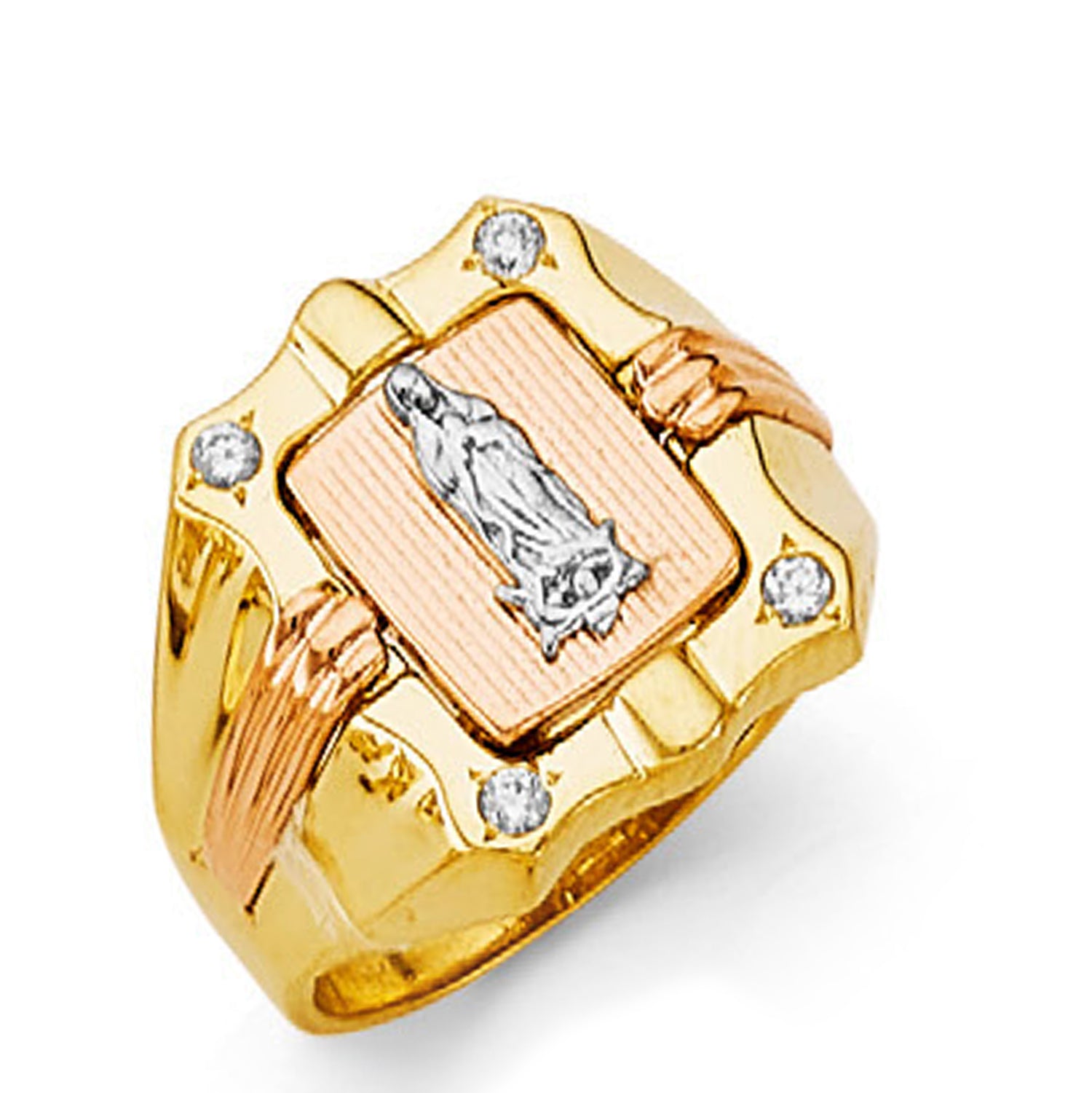CZ Triple tone Guadalupe Religious Ring in Solid Gold 