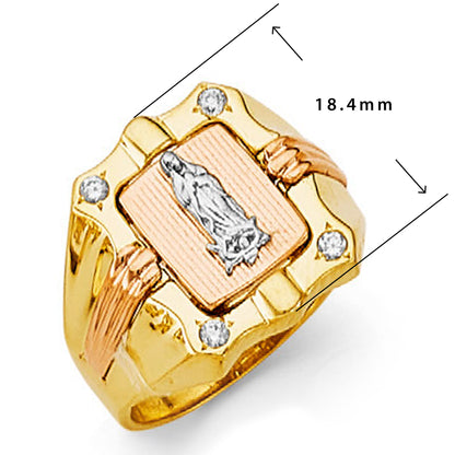 CZ Triple tone Guadalupe Religious Ring in Solid Gold with Measurement