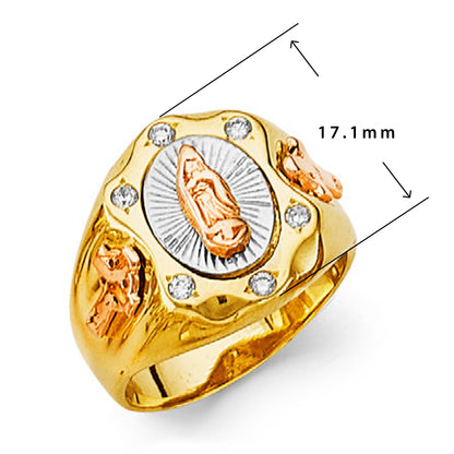 CZ Guadalupe Religious Ring in Solid Gold with Measurement