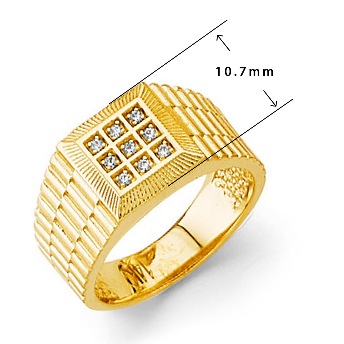 CZ Triple-row Textured Ring in Solid Gold with Measurement