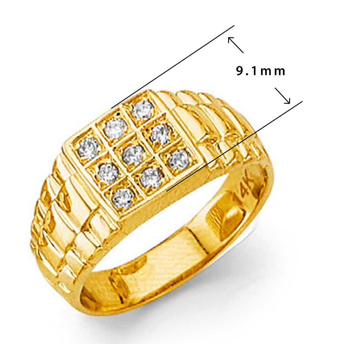 CZ Symmetric Triple Row Round Ring in Solid Gold with Measurement