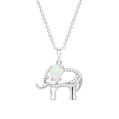 925 Sterling Silver Opal Eared CZ Elephant Outline Pendant Necklace