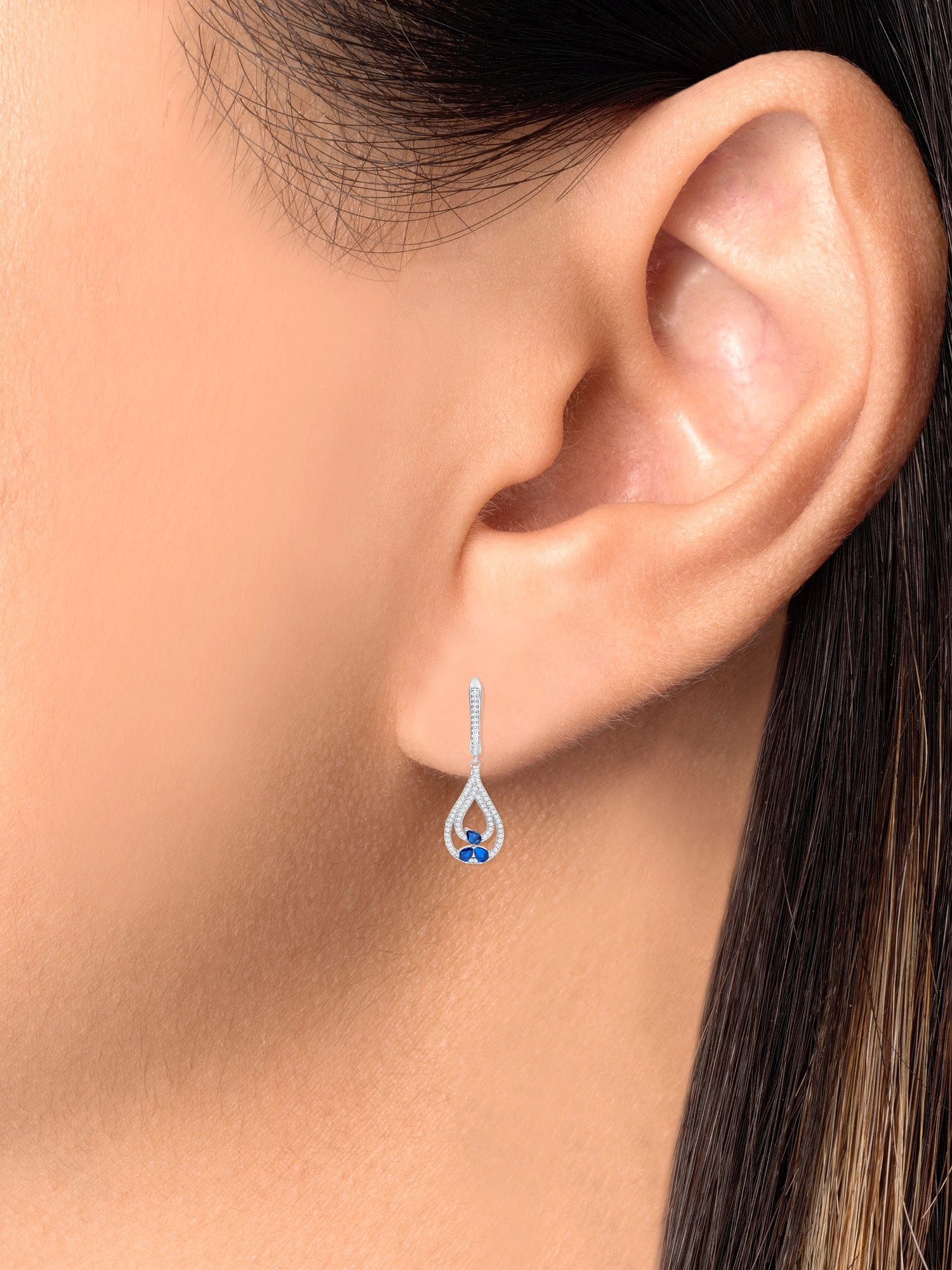 925 Sterling Silver Pear Cut Blue CZ Flowers on Pavé CZ Loops Teardrop Pendant &amp; Earrings Jewelry Set