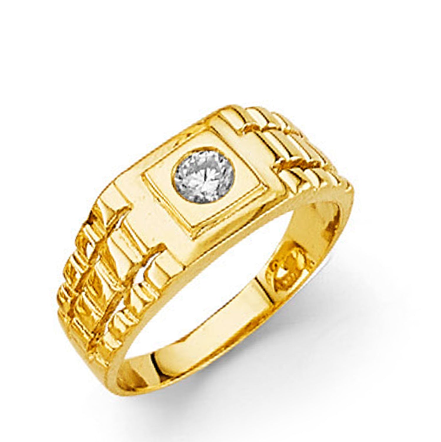CZ Stylish Brick-textured Ring in Solid Gold 