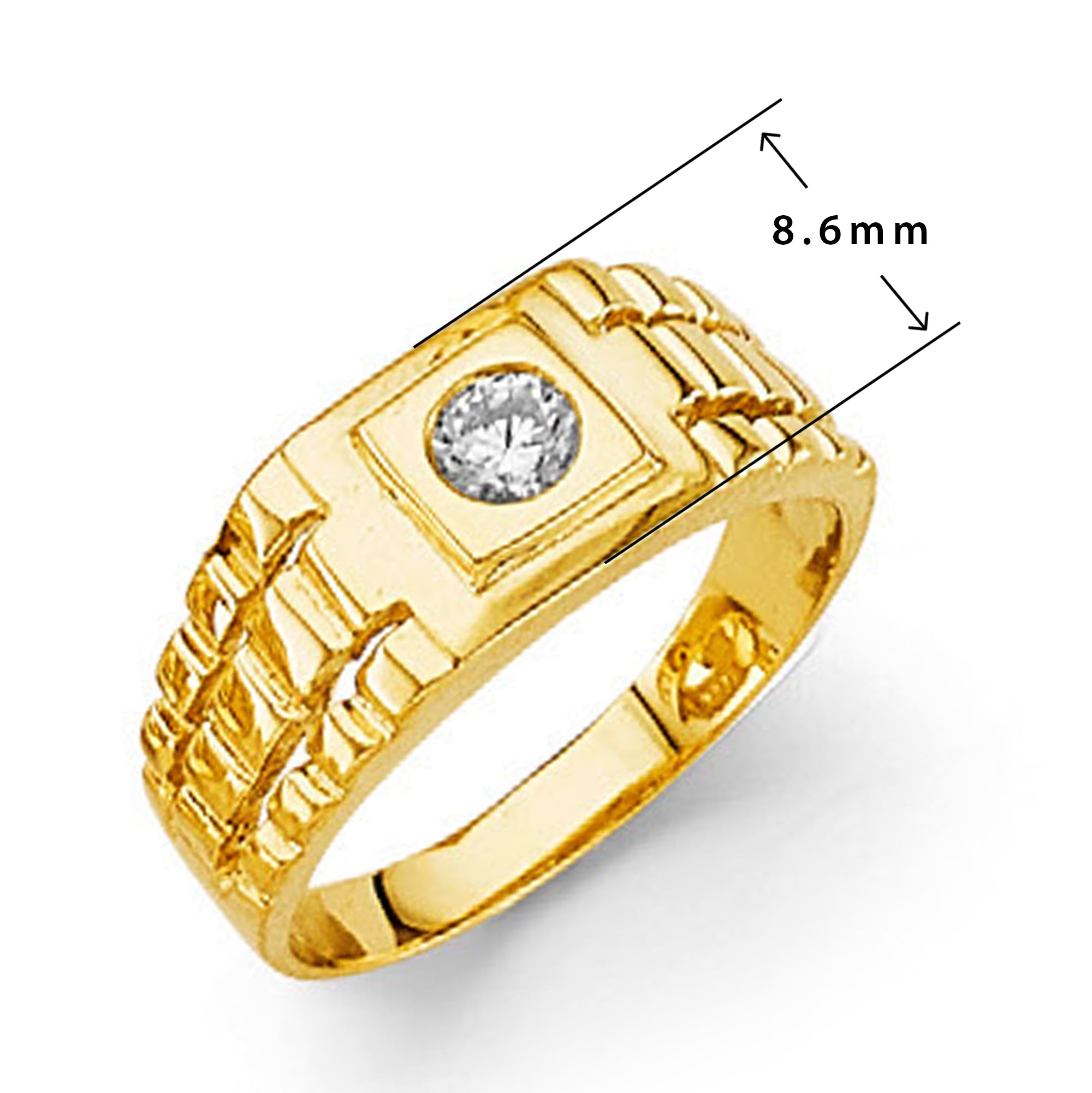 CZ Stylish Brick-textured Ring in Solid Gold with Measurement