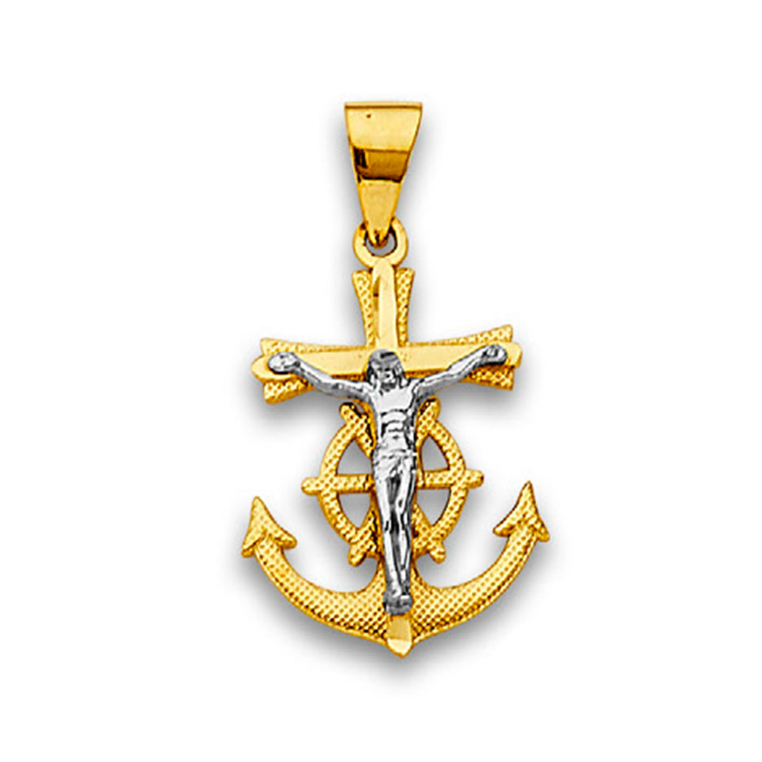 Two Tone Gold High Polished Rope Textured Mariner Religious Crucifix Pendant
