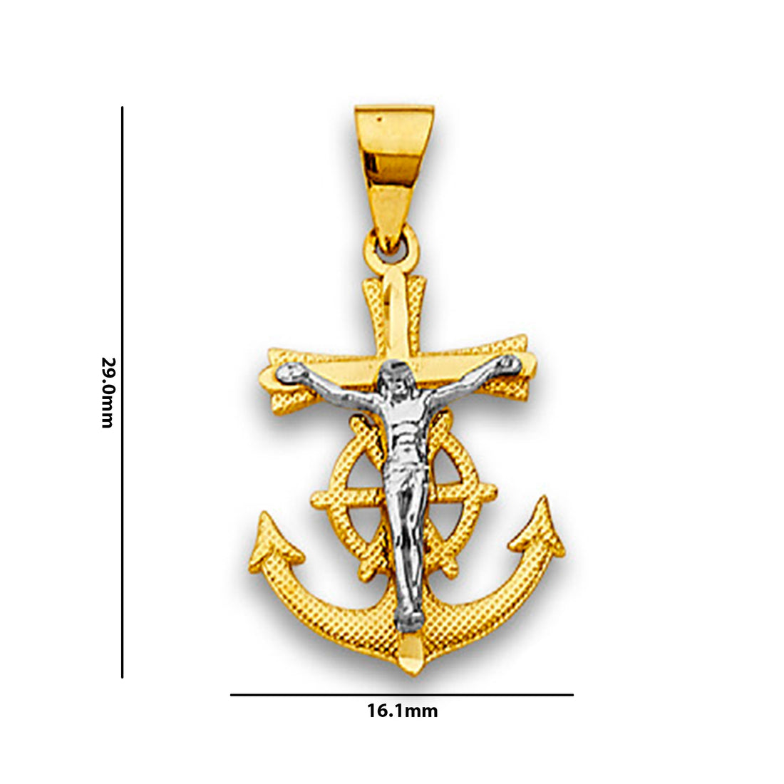 Two Tone Gold High Polished Rope Textured Mariner Religious Crucifix Pendant with Measurement