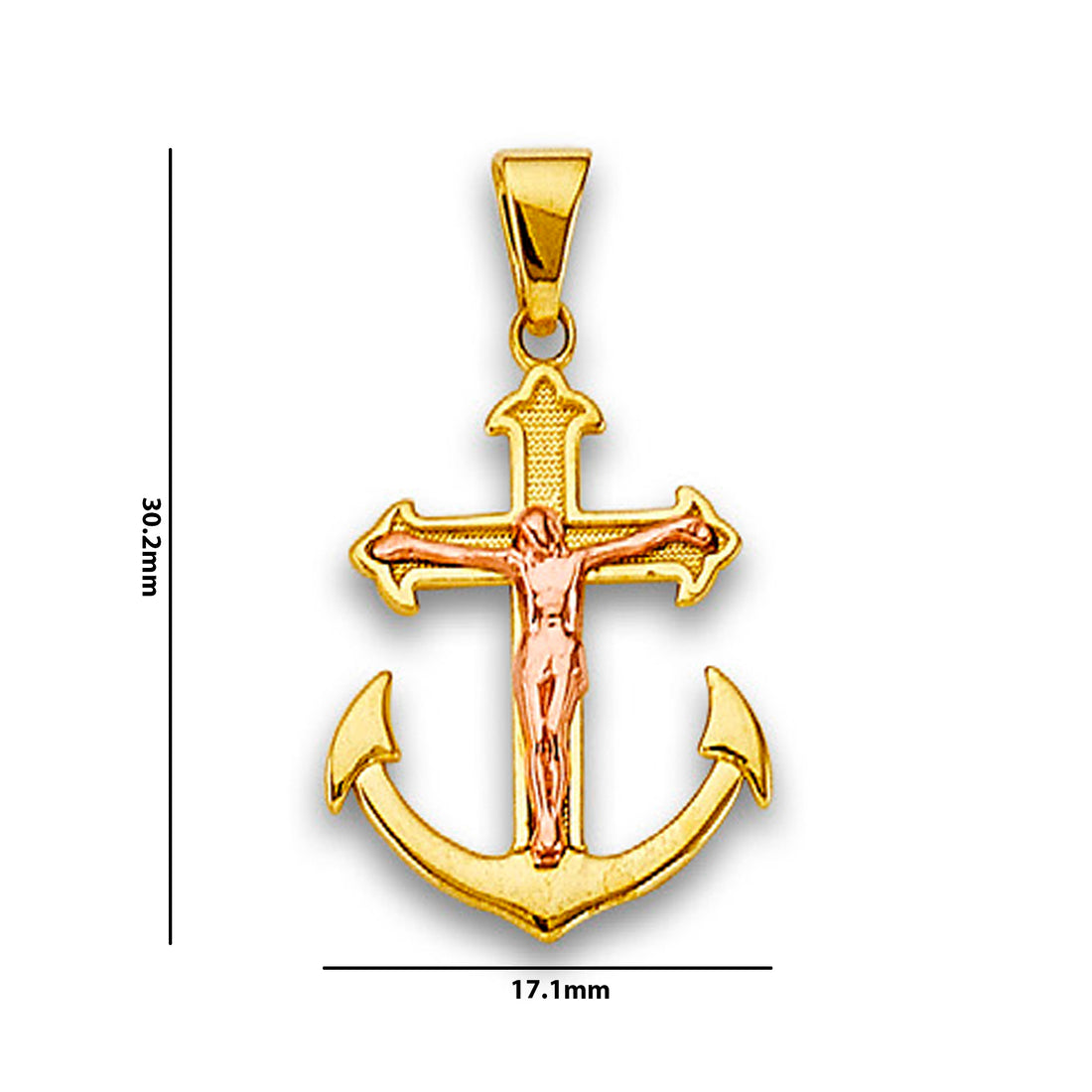 Two Tone Gold Jesus Crucifix Anchor Pendant Necklace with Measurement