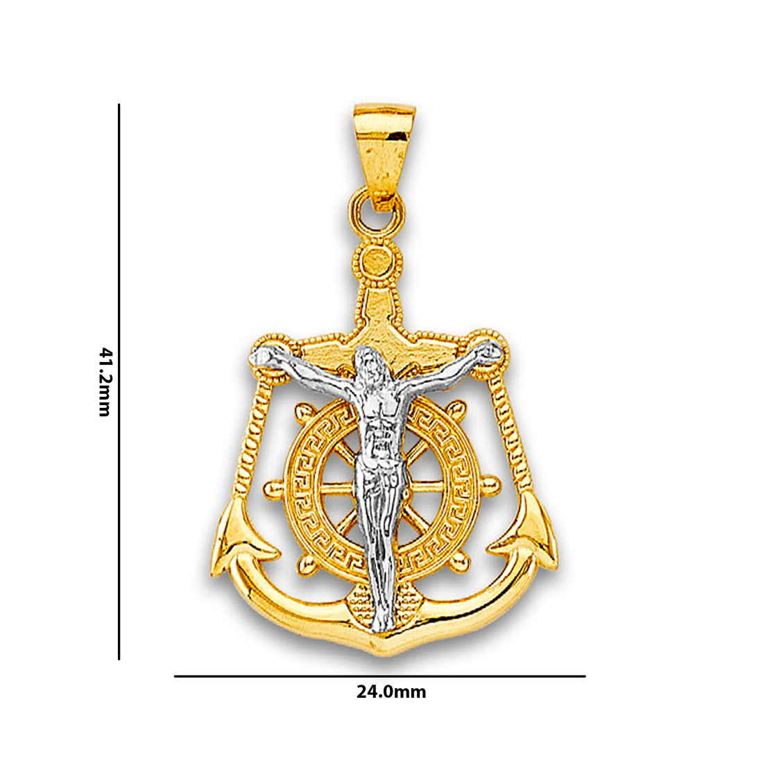 Two Tone Gold Nautical Anchor Jesus Crucifix Pendant with Measurement
