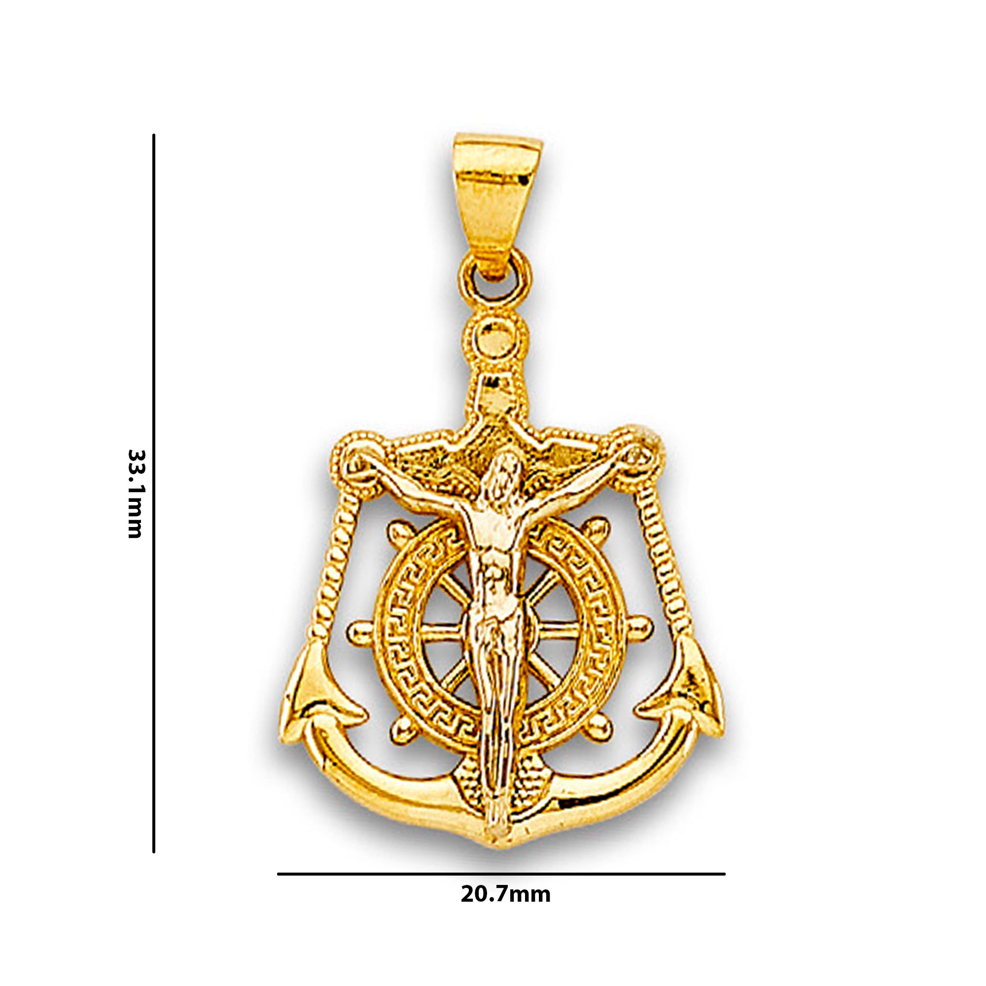 Yellow Gold Nautical Anchor Jesus Crucifix Pendant with Measurement