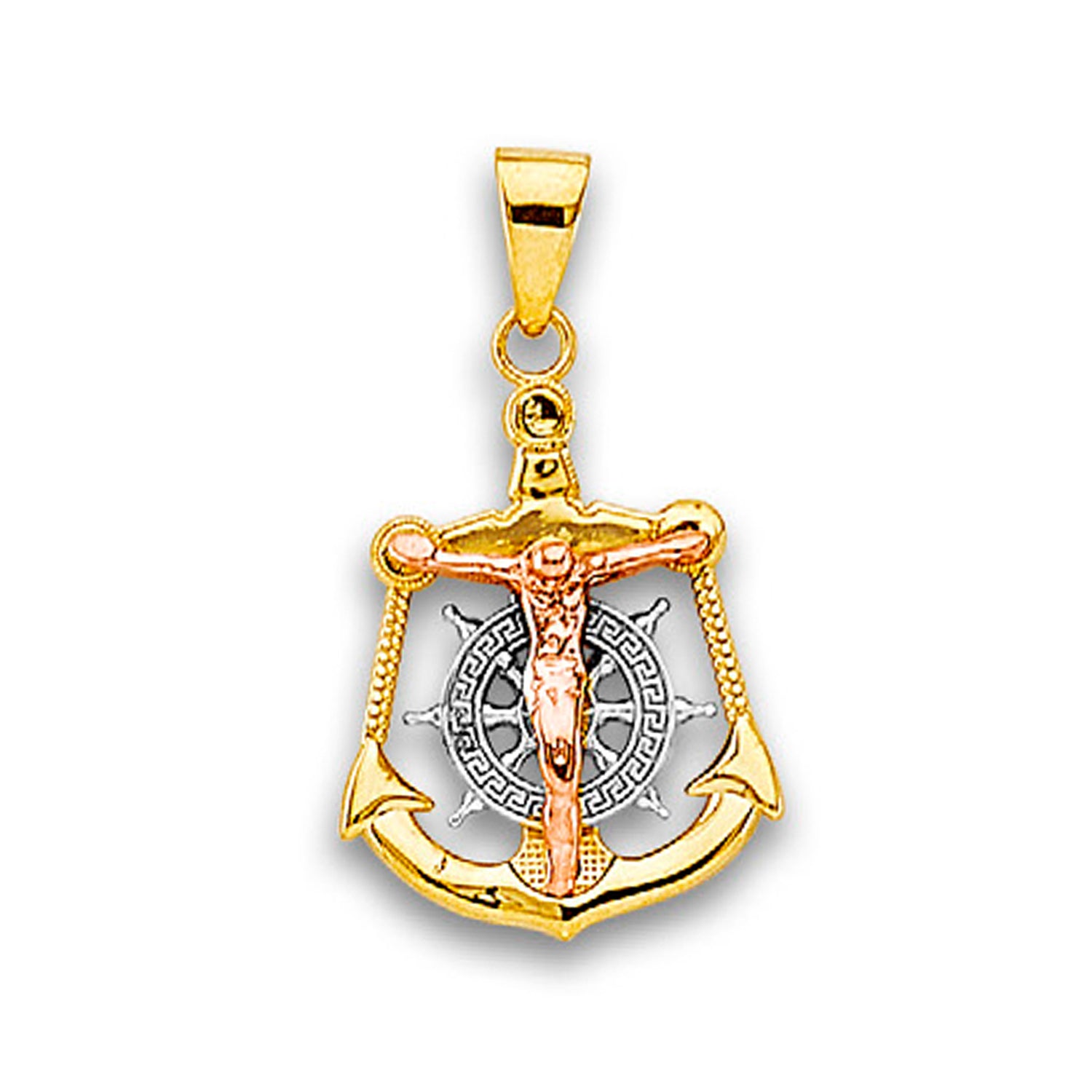 Tri Tone Gold High Polished Nautical Anchor Jesus Crucifix Pendant