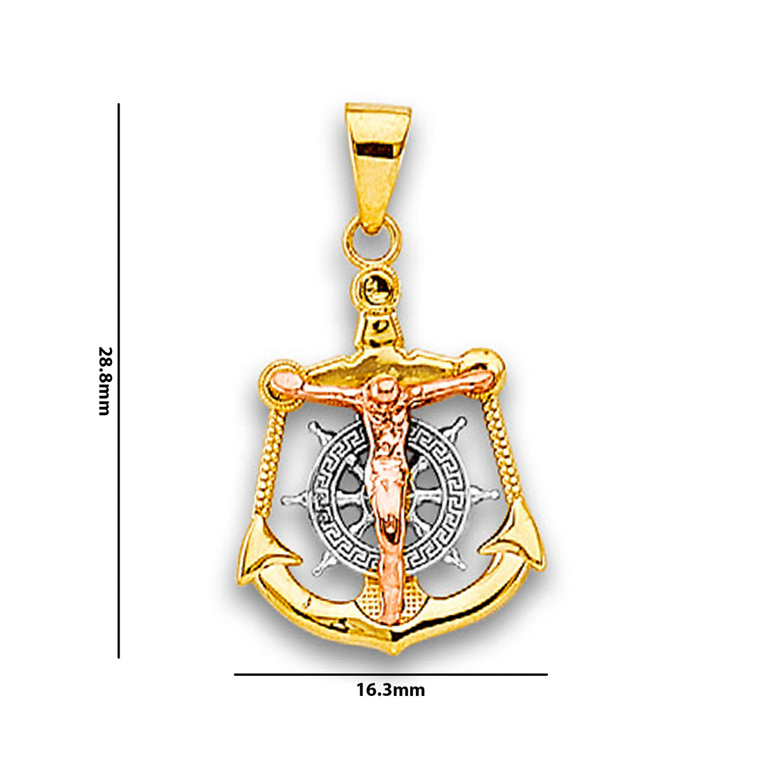 Tri Tone Gold High Polished Nautical Anchor Jesus Crucifix Pendant with Measurement