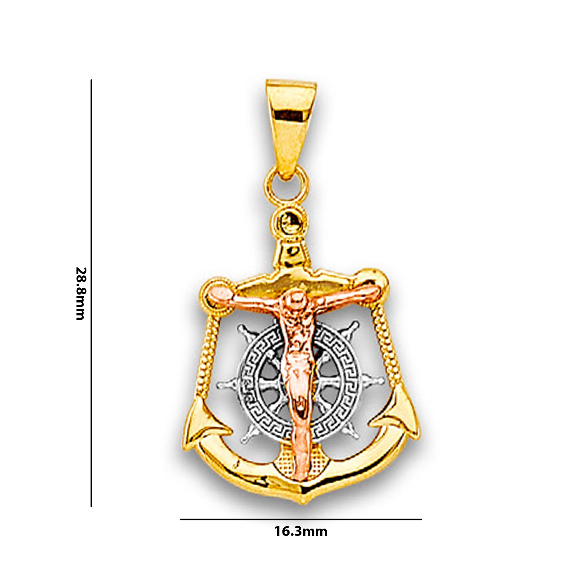 Tri Tone Gold High Polished Nautical Anchor Jesus Crucifix Pendant with Measurement