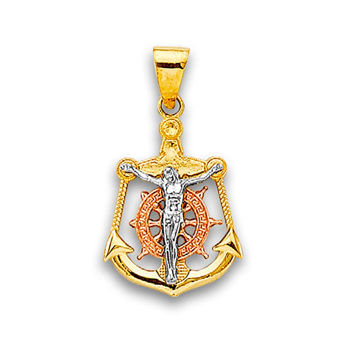 Tri Tone Gold High Polished Nautical Anchor Religious Jesus Crucifix Pendant